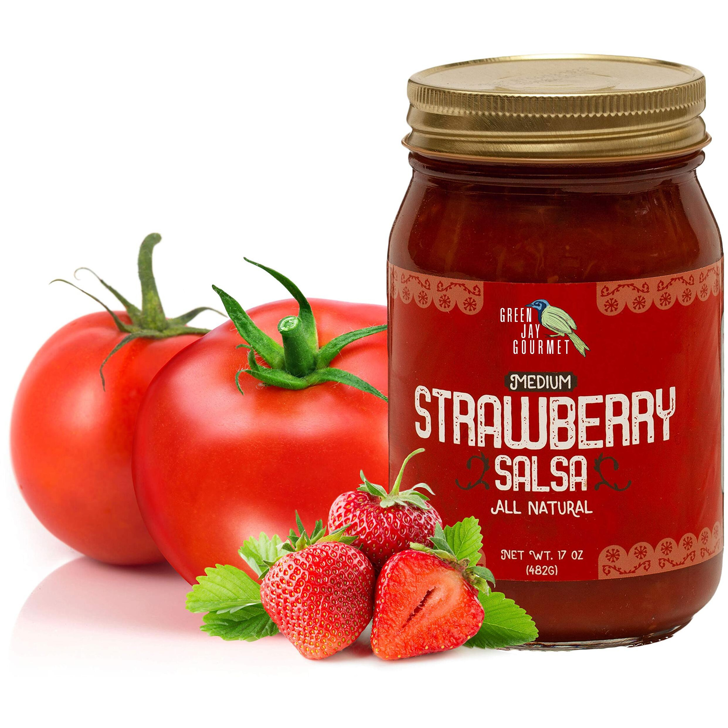 Green Jay Gourmet Strawberry Salsa - Strawberry-Flavored Fruit Salsa - Medium Heat Picante Salsa - Gourmet Salsa Dip With No Preservatives - Gluten-Free, Small Batch Natural Salsa Sauce - 17 Ounces