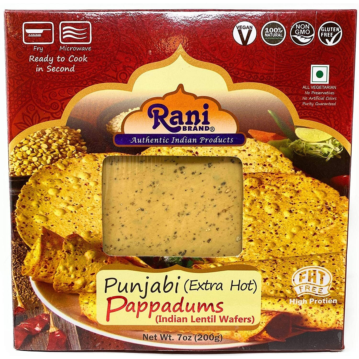 Rani Pappadums (Indian Lentil Wafer Snack) Punjabi Papad - Extra Hot, 7Oz (200G) Approximately 15Pc, 7 Inches ~ All Natural | Gluten Friendly | Non-Gmo | Vegan | Indian Origin