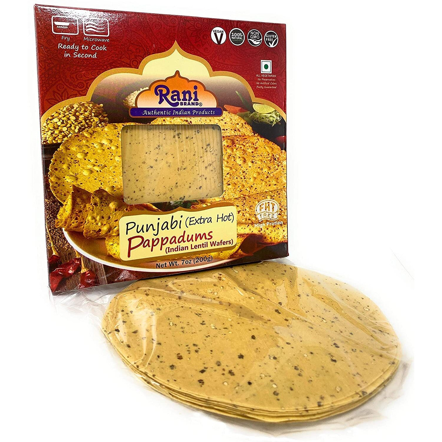 Rani Pappadums (Indian Lentil Wafer Snack) Punjabi Papad - Extra Hot, 7Oz (200G) Approximately 15Pc, 7 Inches ~ All Natural | Gluten Friendly | Non-Gmo | Vegan | Indian Origin