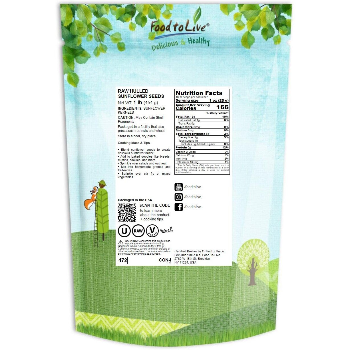 Food To Live Sunflower Seeds, 1 Pound - Non-Gmo Verified, Kernels, No Shell, Kosher, Raw, Vegan, Sirtfood, Bulk