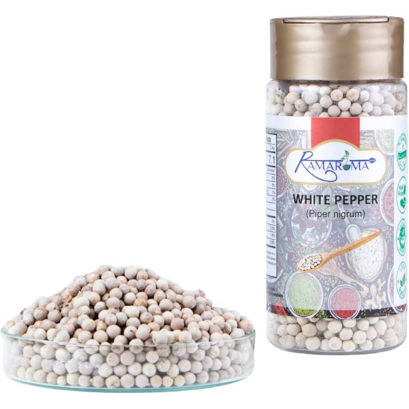 Ramaroma White Pepper (Peppercorns) Whole, Spice 3Oz (100G) ~ (Safed Mirch Sabut) All Natural | Vegan | Gluten Friendly| Non-Gmo | Organic Whole White Pepper Spices