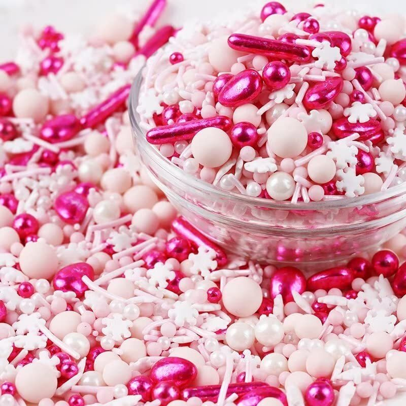 Pink Sprinkles For Cake Decorating 7Oz - Snowflake Sprinkles - Metallic Sprinkle Mix For Cookies, Ice Cream, Cupcakes Topper - Rose Gold Sprinkles For Princess Bridal Shower Wedding Party