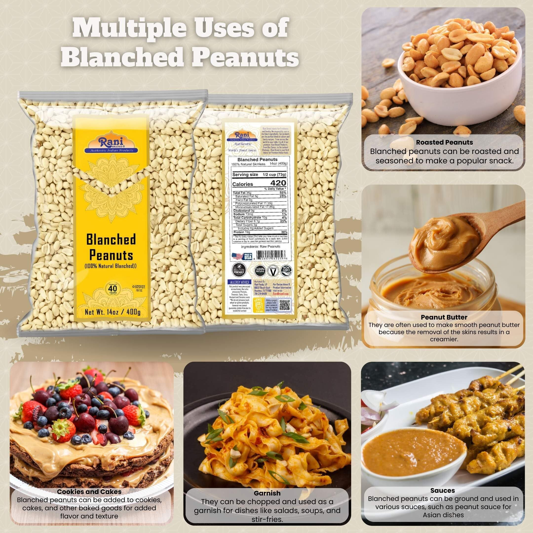 Rani Peanuts Skinless (Blanched, Uncooked) 14Oz (400G) ~ All Natural | Vegan | Gluten Friendly | Kosher | Fresh Product Of Usa ~ Spanish Grade Groundnuts