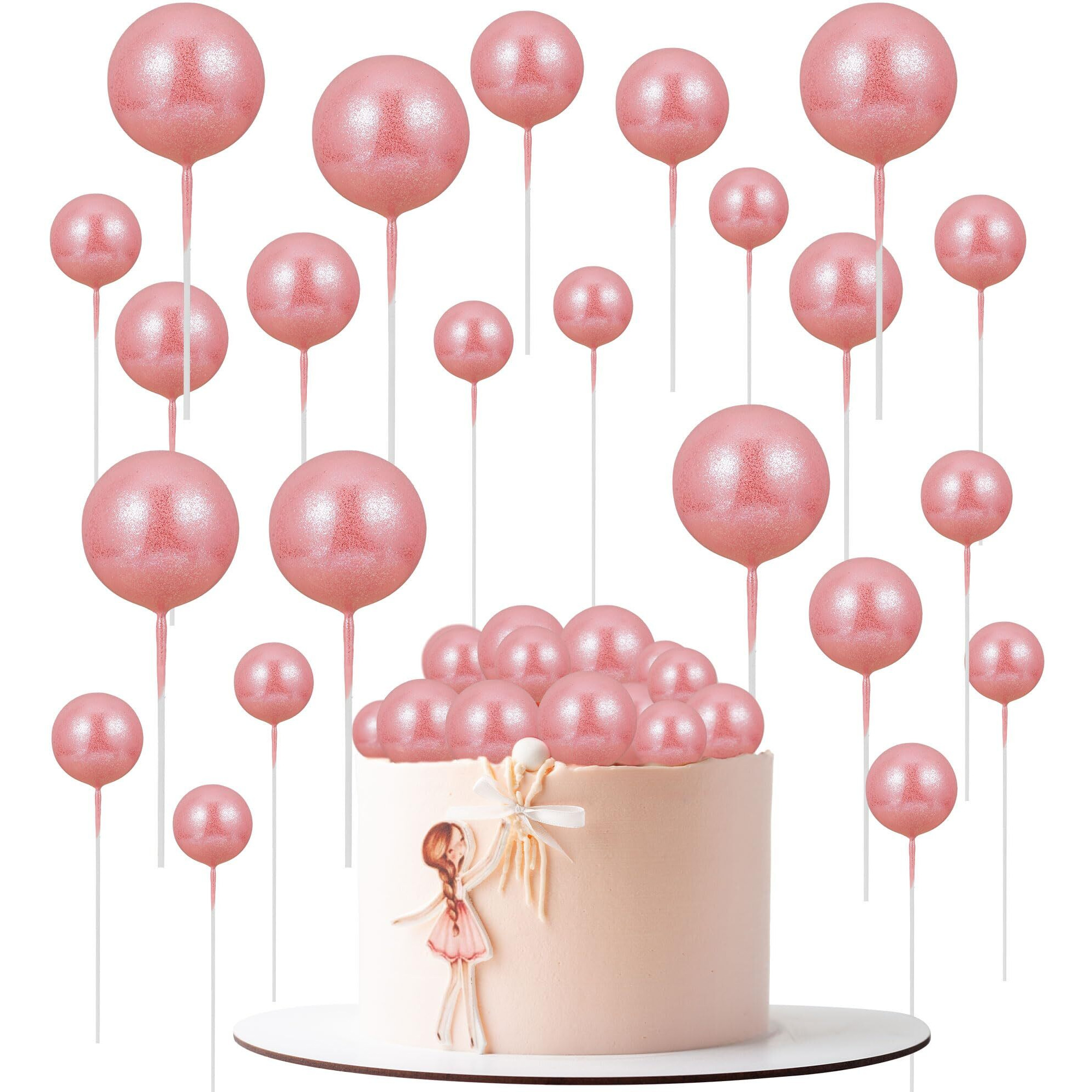 30Pcs Balls Cake Topper Glitter Foam Ball Cake Picks Mini Balloon Cupcake Insert Bubble Balls Diy Decoration For Baby Shower Wedding Anniversary Kids Birthday Graduation Party Cake Decorations Pink