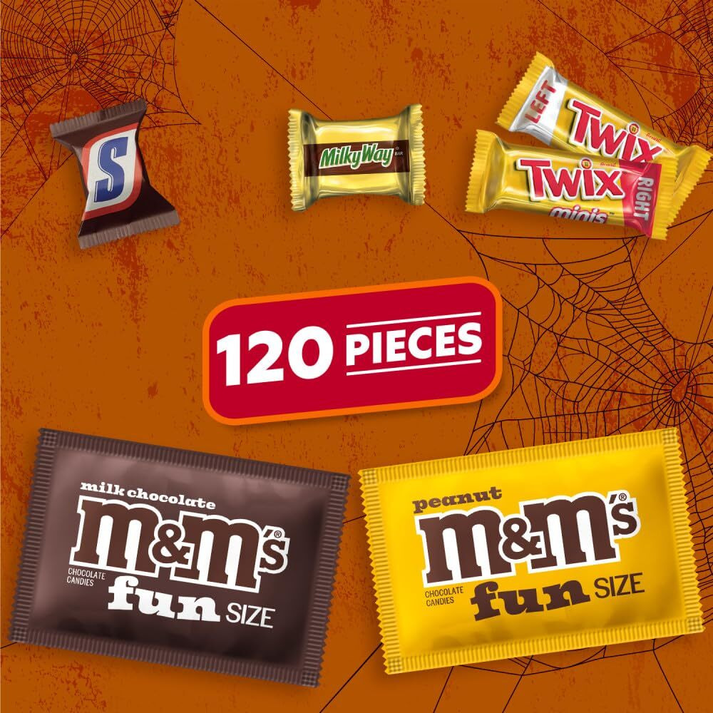 M&M's Milk Chocolate, M&M's Peanut, Snickers, Twix & Milky Way Milk Chocolate Fun Size And Minis Individually Wrapped Trick Or Treat Halloween Candy Variety Pack, 120 Ct Bulk Bag