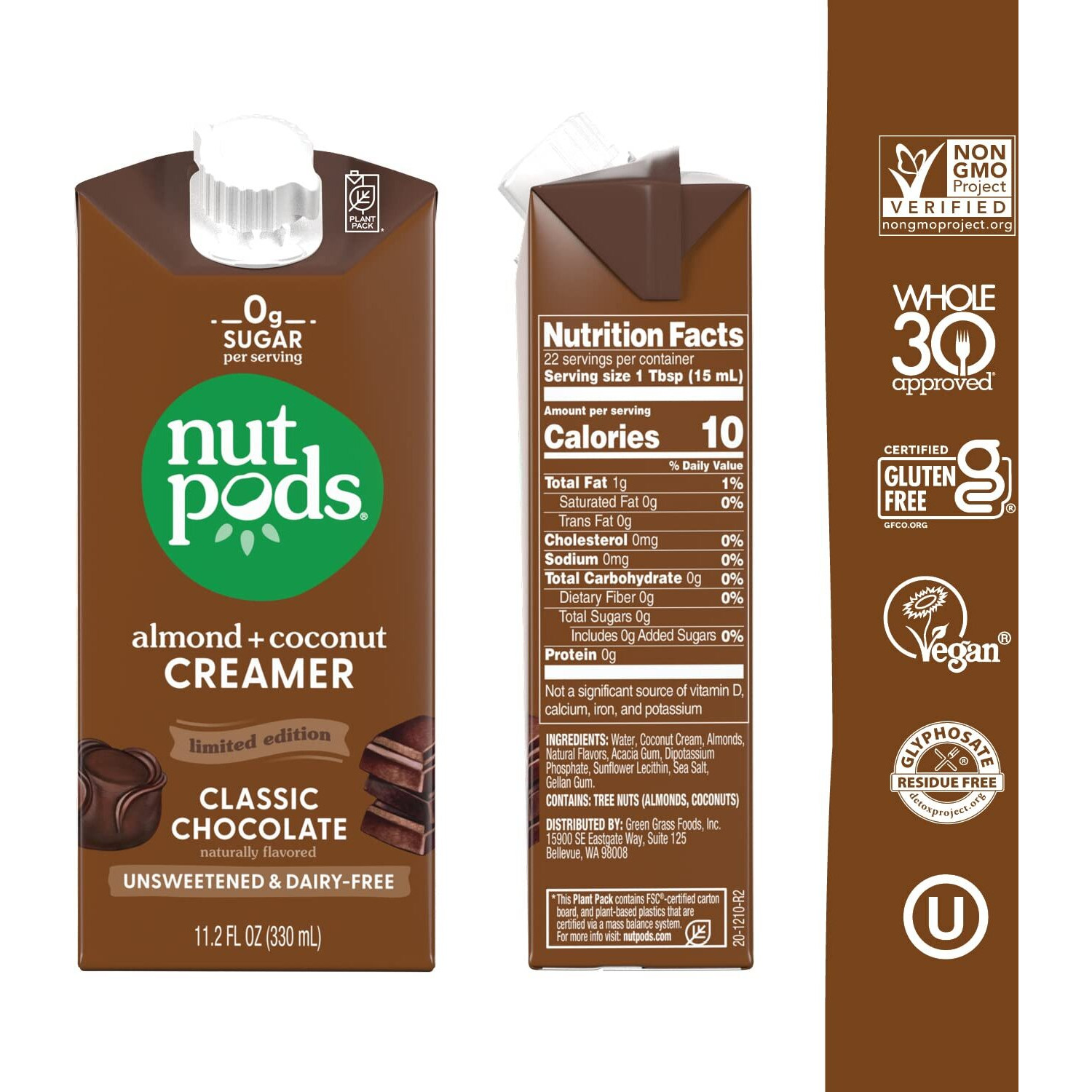 Nutpods Classic Chocolate Unsweetened Dairy-Free Creamer, Made From Almonds And Coconuts, Whole30, Keto, Gluten Free, Non-Gmo, Vegan, Kosher (12-Pack)