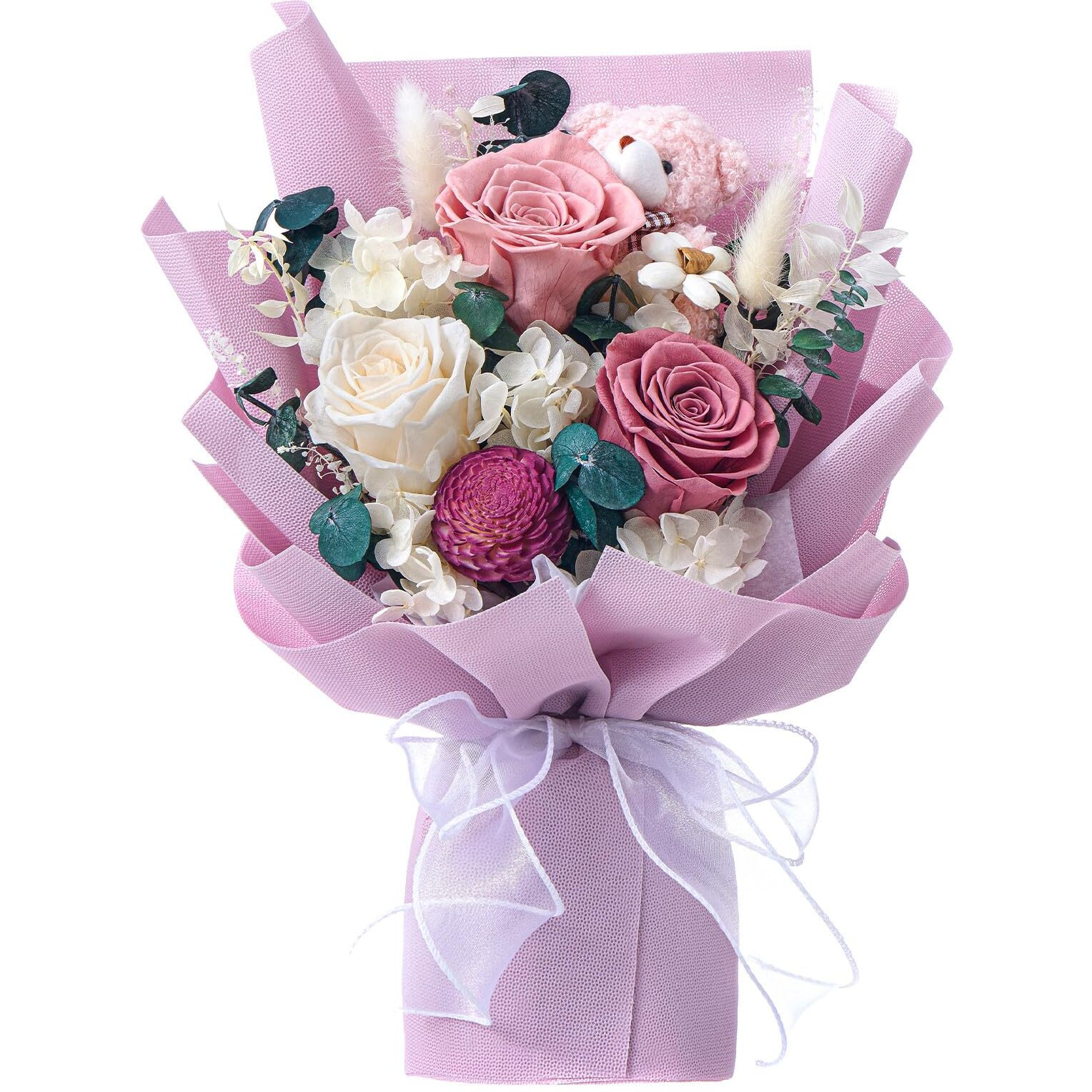 Polylove Forever Flower Bouquet Purple Flower Bouquet Preserved Roses With Bear Gift Box For Wife Mother Valentines Day Mothers Day Anniversary Birthday