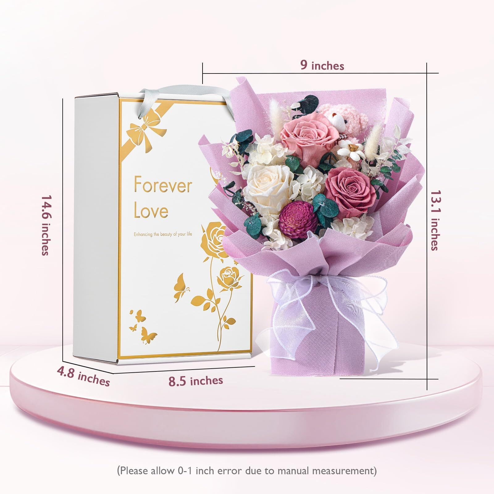 Polylove Forever Flower Bouquet Purple Flower Bouquet Preserved Roses With Bear Gift Box For Wife Mother Valentines Day Mothers Day Anniversary Birthday