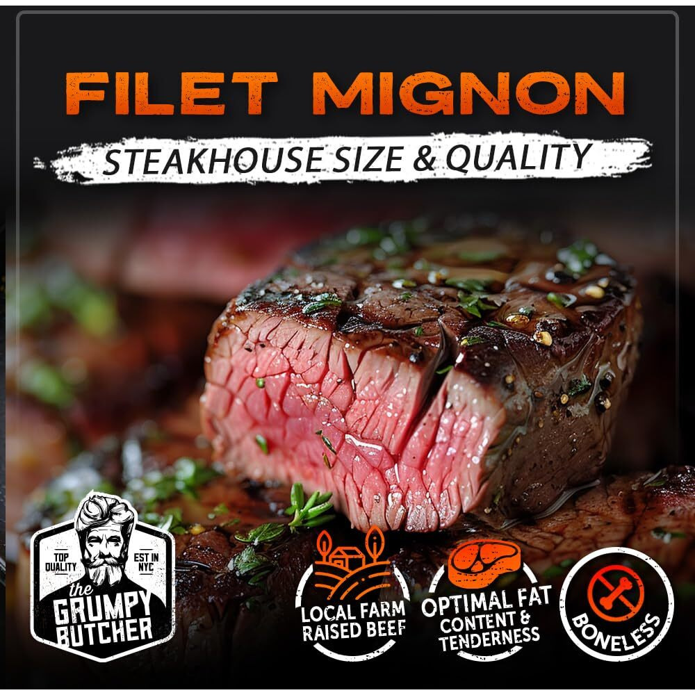 Grumpy Butcher Large Filet Mignon Steak (8 Oz Each, 24 Pack) | Steak House Size Beef Tenderloin Center Cut | Bulk Steak Case