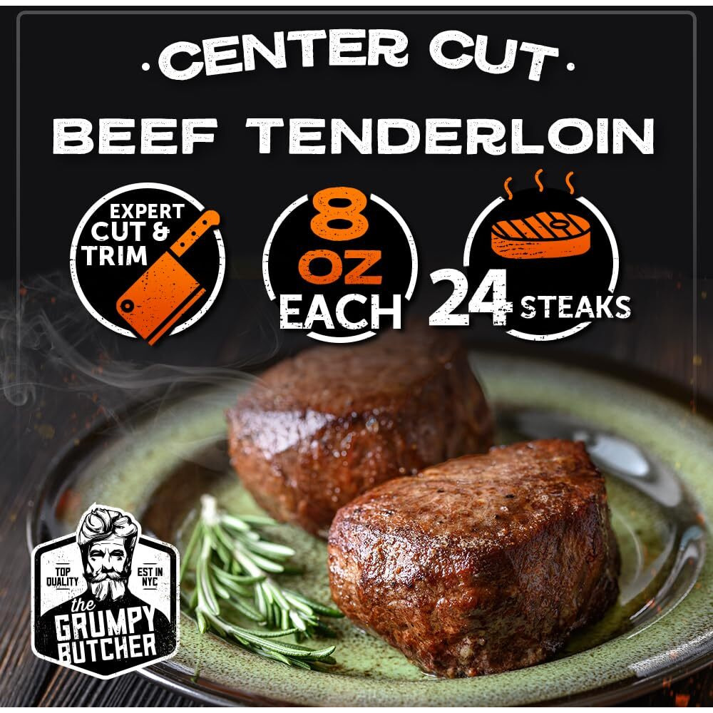 Grumpy Butcher Large Filet Mignon Steak (8 Oz Each, 24 Pack) | Steak House Size Beef Tenderloin Center Cut | Bulk Steak Case