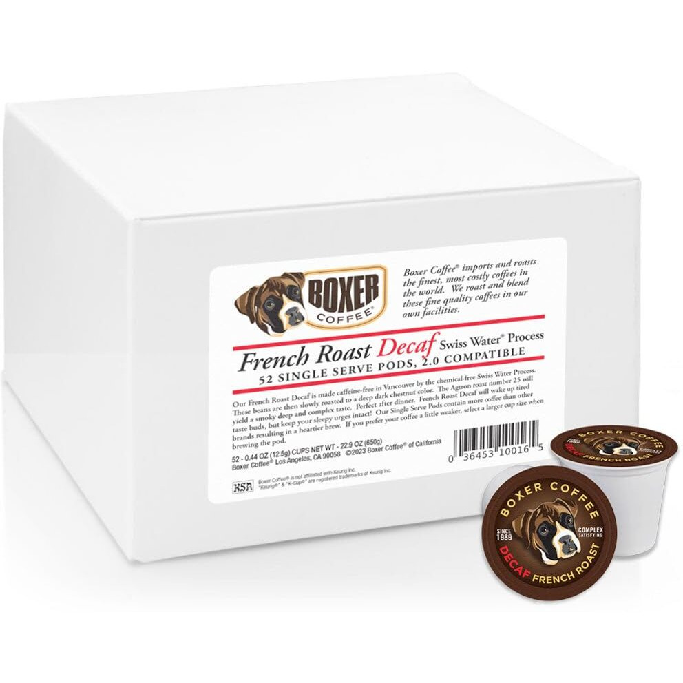 Boxer Coffee 52 Count Decaf French Roast Swiss Water Process Single-Serve Cups Pods Specialty Grade Gourmet Artisan Coffee, Keurig K-Cup 2.0 Compatible