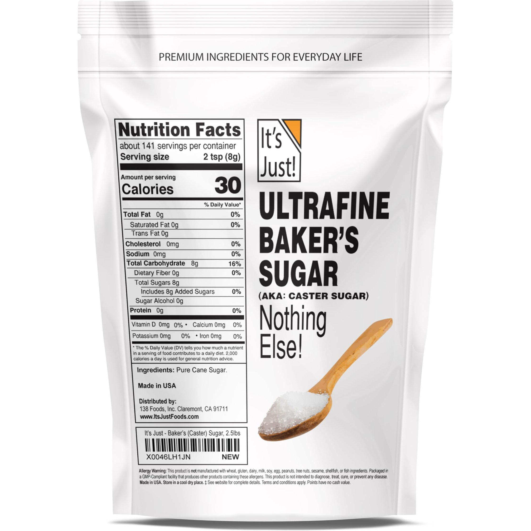 It's Just - Ultrafine Baker's (Caster) Sugar, 2.5Lbs, 100% Pure Cane Sugar, Made In Usa
