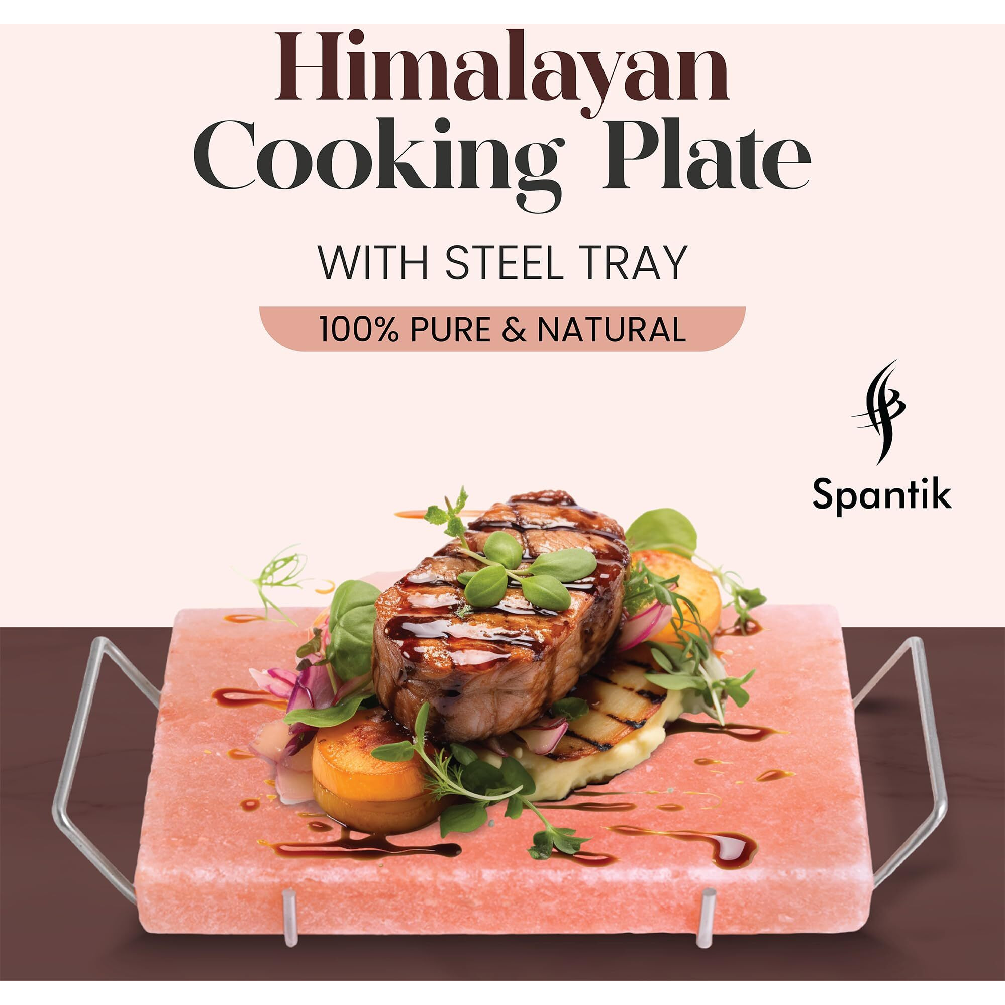 Spantik Professional Salt Block Set With Steel Tray 12"" X 8"" X 1.5"" Himalayan Cooking Plate For Grilling, Cooking, Serving, 100% Pure Natural Food Grade Salt Stone Unique Gifts For Barbecue Smoker