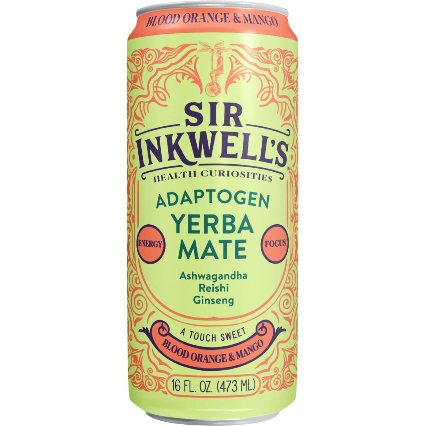 Sir Inkwell's Adaptogen Yerba Mate | Healthful Energy Organic Caffeine | 300Mg Ashwagandha Reishi Ginseng | Immunity Stress Support | Non-Gmo Vegan | Blood Orange & Mango 16Oz 12Pk