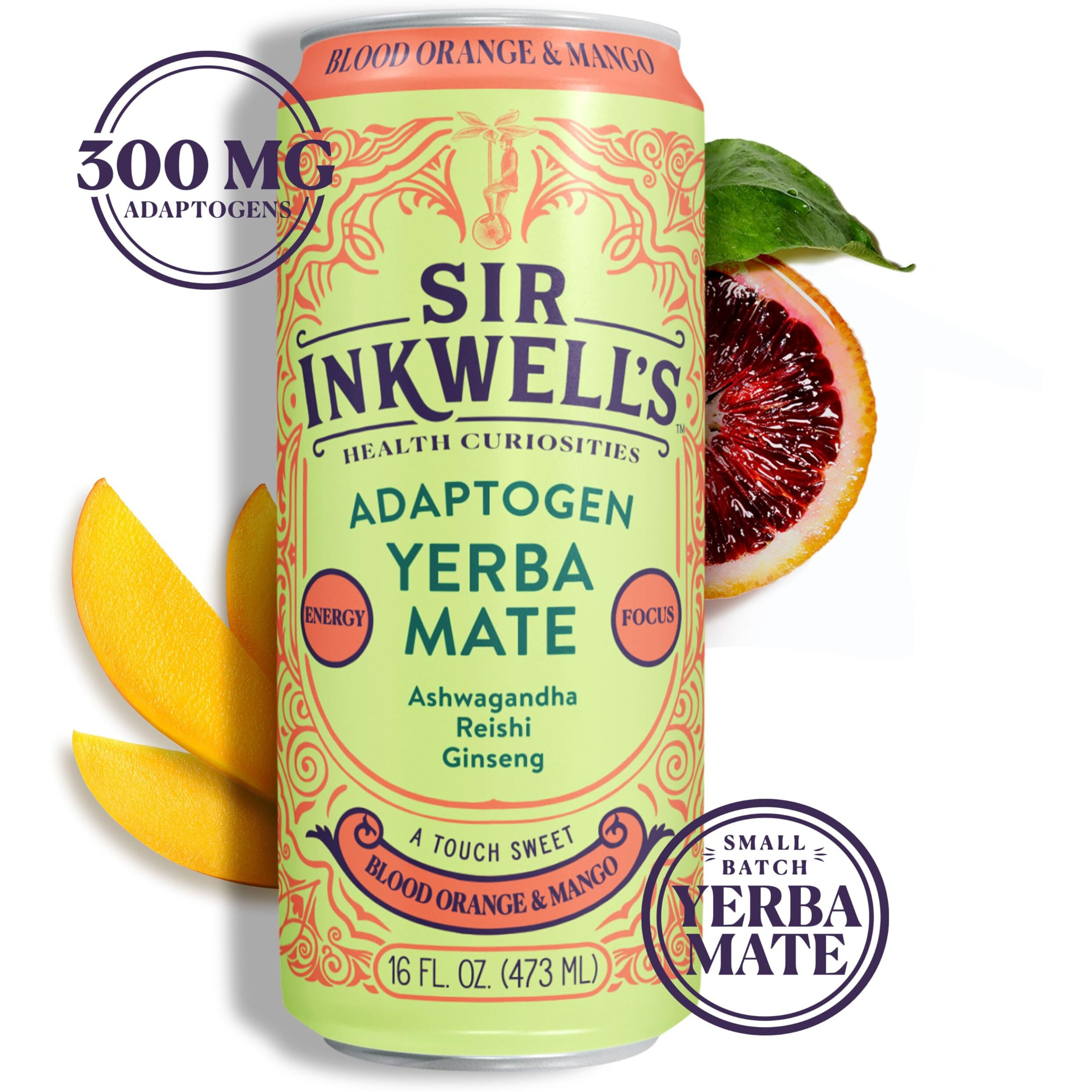 Sir Inkwell's Adaptogen Yerba Mate | Healthful Energy Organic Caffeine | 300Mg Ashwagandha Reishi Ginseng | Immunity Stress Support | Non-Gmo Vegan | Blood Orange & Mango 16Oz 12Pk