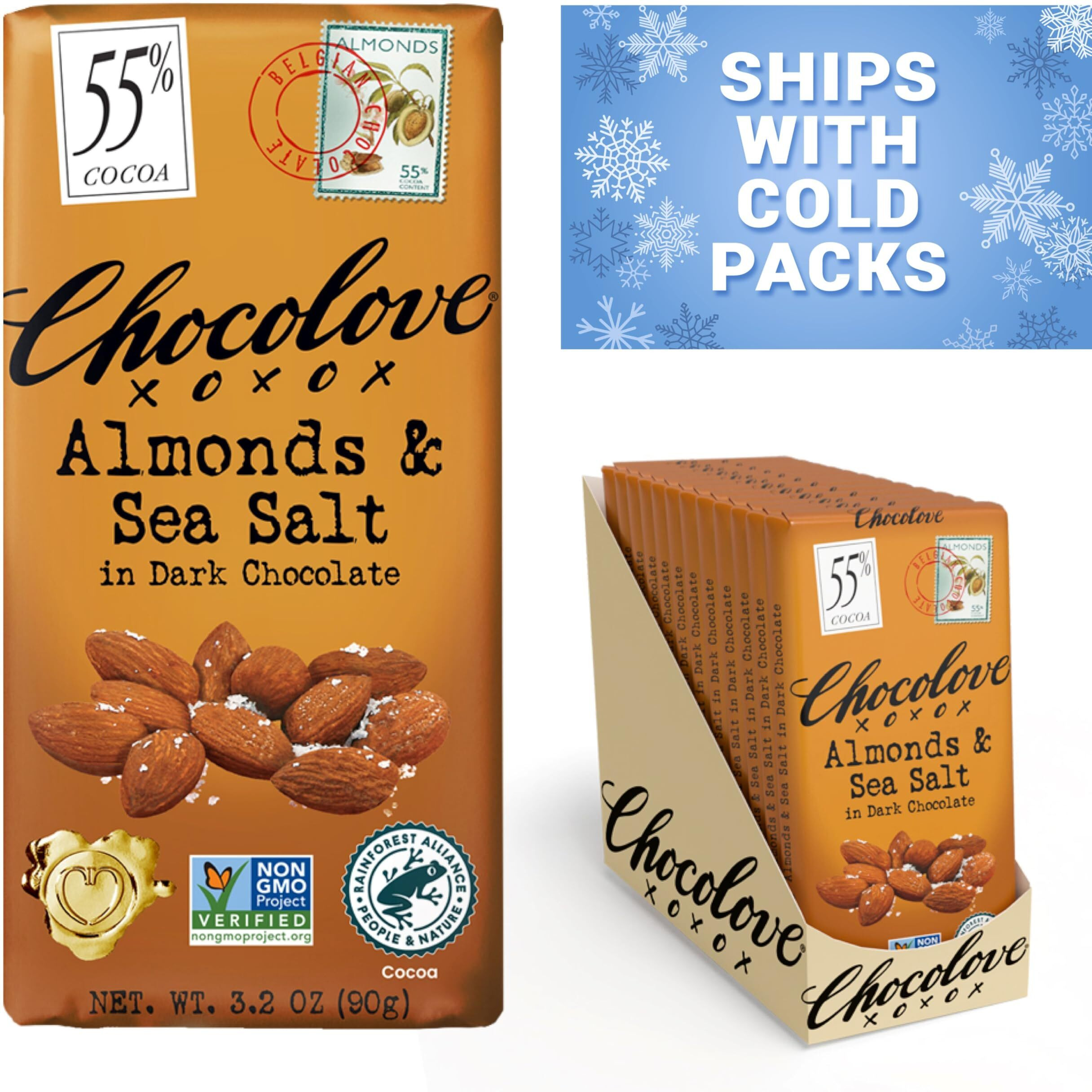 Chocolove Almonds & Sea Salt Dark Chocolate Bars | 55% Cocoa | Crunchy Almonds With A Salty Twist | Premium Belgian Dark Chocolate | Non-Gmo, Dairy & Gluten-Free, 3.2 Oz Bar (12 Pack)