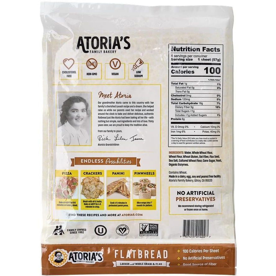 Atoria's Family Bakery Whole Grain & Flax Lavash Flatbread 10 Pack | 50 Individual Lavash Wraps | Fresh Baked, All Natural, Gmo Free, And No Artificial Preservatives Or Flavors