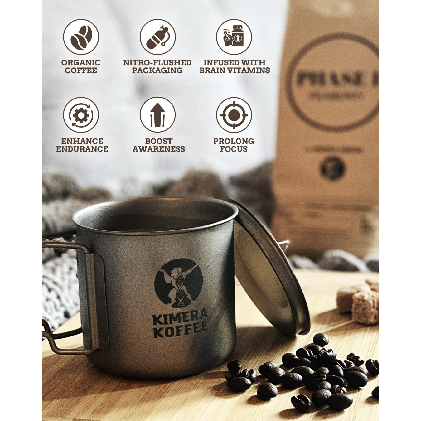 Kimera Koffee Organic Ground Coffee, Original Blend, Medium Roast Infused With Taurine, Alpha Gpc, Dmae, And L-Theanine