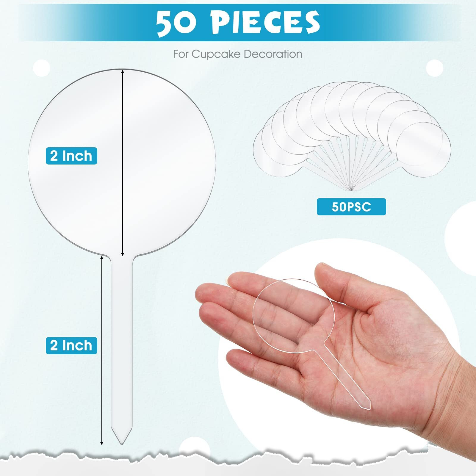 50 Pieces 2 Inch Round Acrylic Cupcake Toppers Blank Cupcake Stick Toppers Clear Mini Diy Cake Topper For Birthday Festival Party Baby Shower Wedding Party Cupcake Decoration