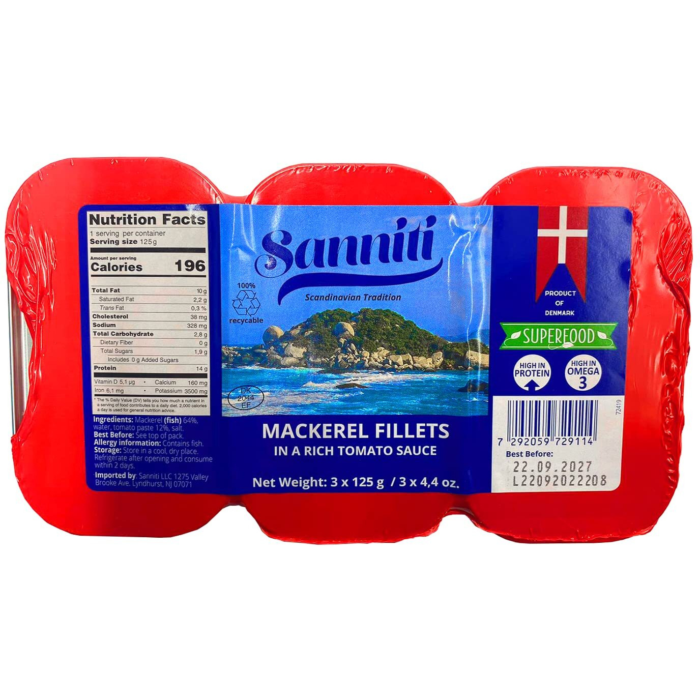 Sanniti Mackerel Fillets In A Rich Tomato Sauce | Super Food | High In Protein | High In Omega 3, 4.4 Oz (Pack Of 3)