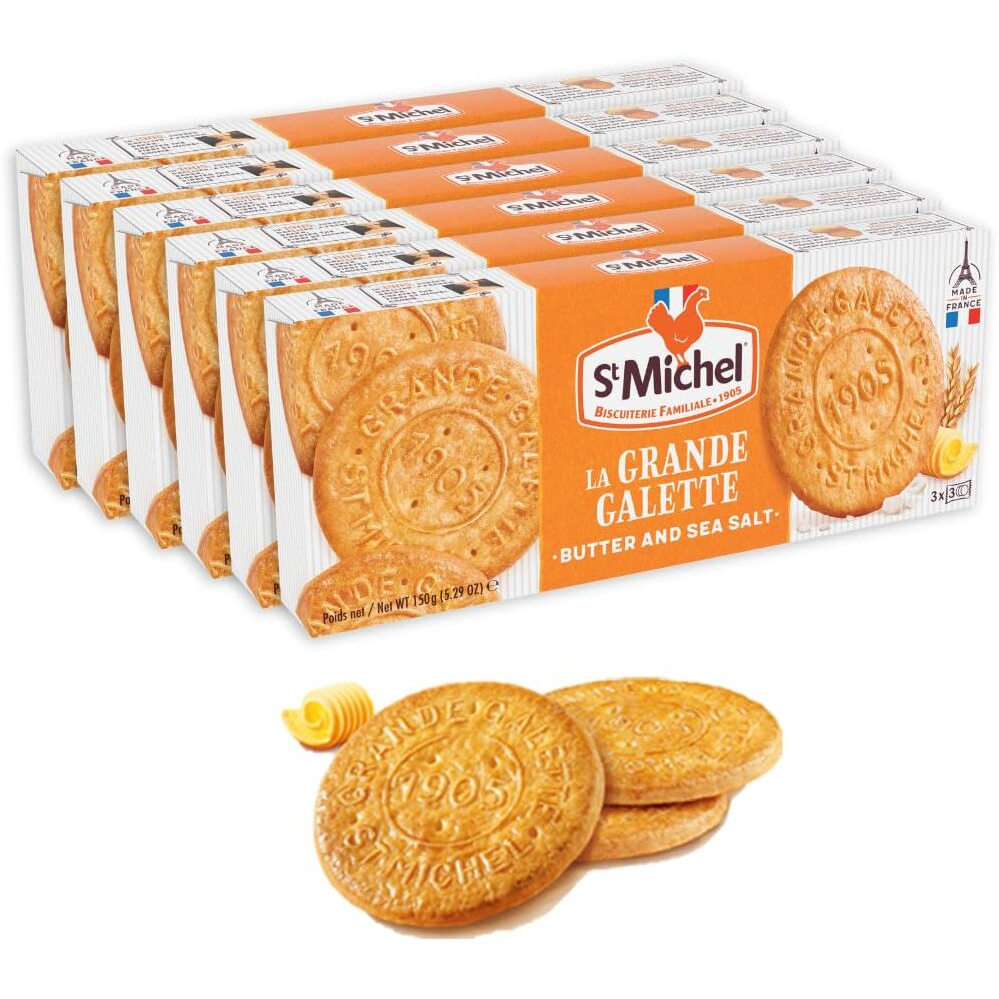 St Michel Grandes Galettes Butter Cookies Biscuits With Sea Salt 5.29Oz, Pack Of 6, Made In France, Non-Gmo Pure Butter Cookies