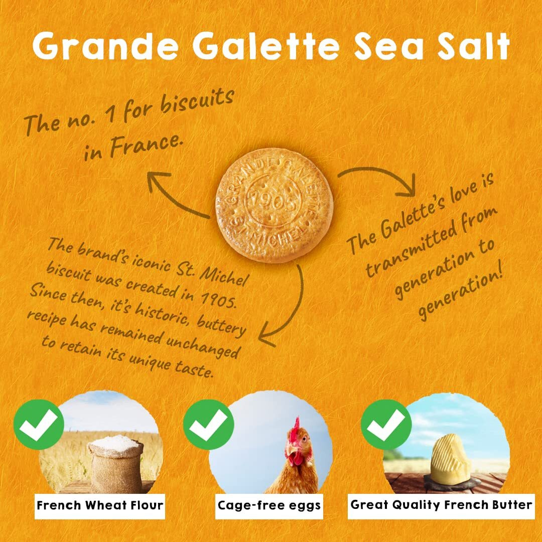 St Michel Grandes Galettes Butter Cookies Biscuits With Sea Salt 5.29Oz, Pack Of 6, Made In France, Non-Gmo Pure Butter Cookies