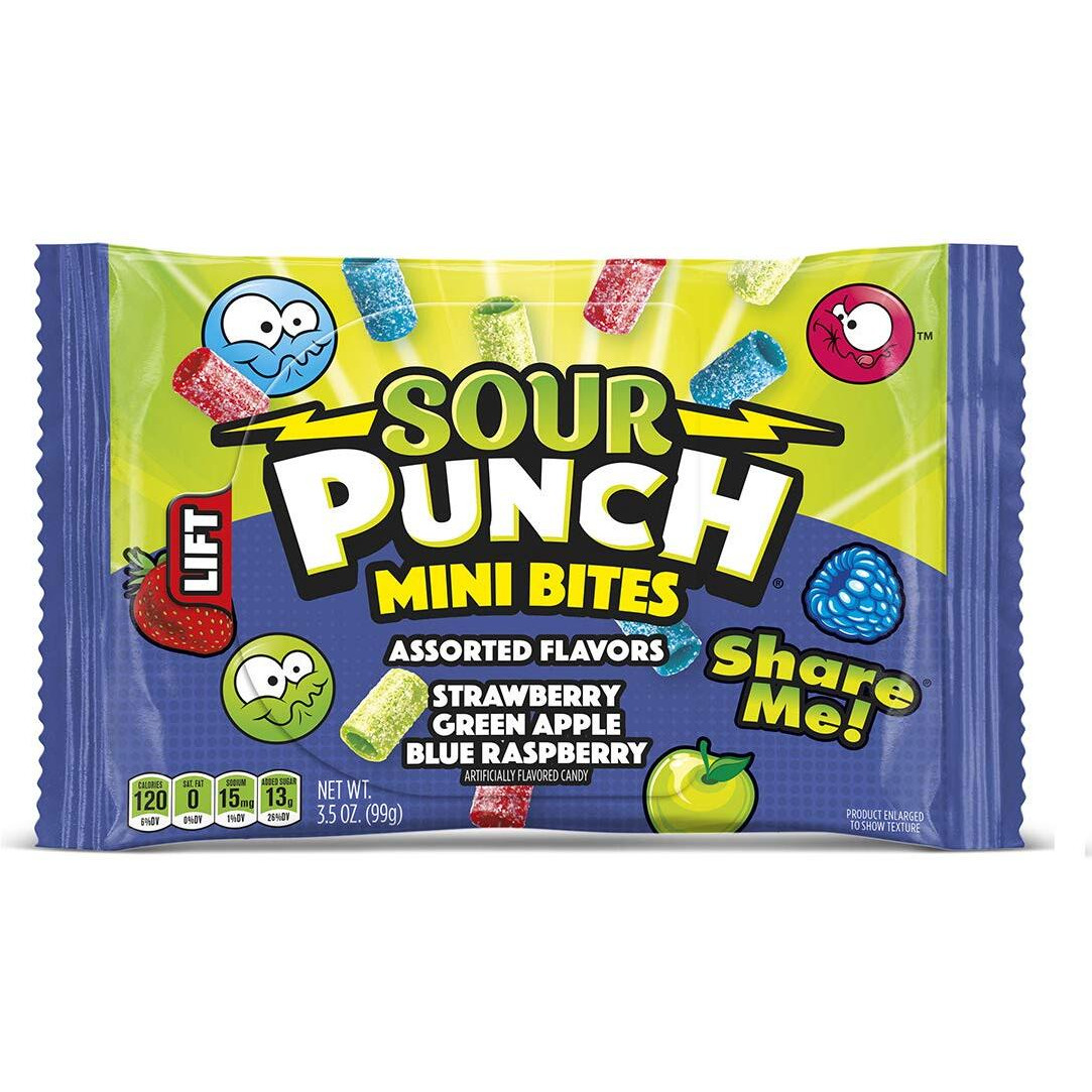 Sour Punch Mini Bites Strawberry Apple Blue Raspberry Flavored Sour Chewy Candy 3.5Oz Bag (12 Count)