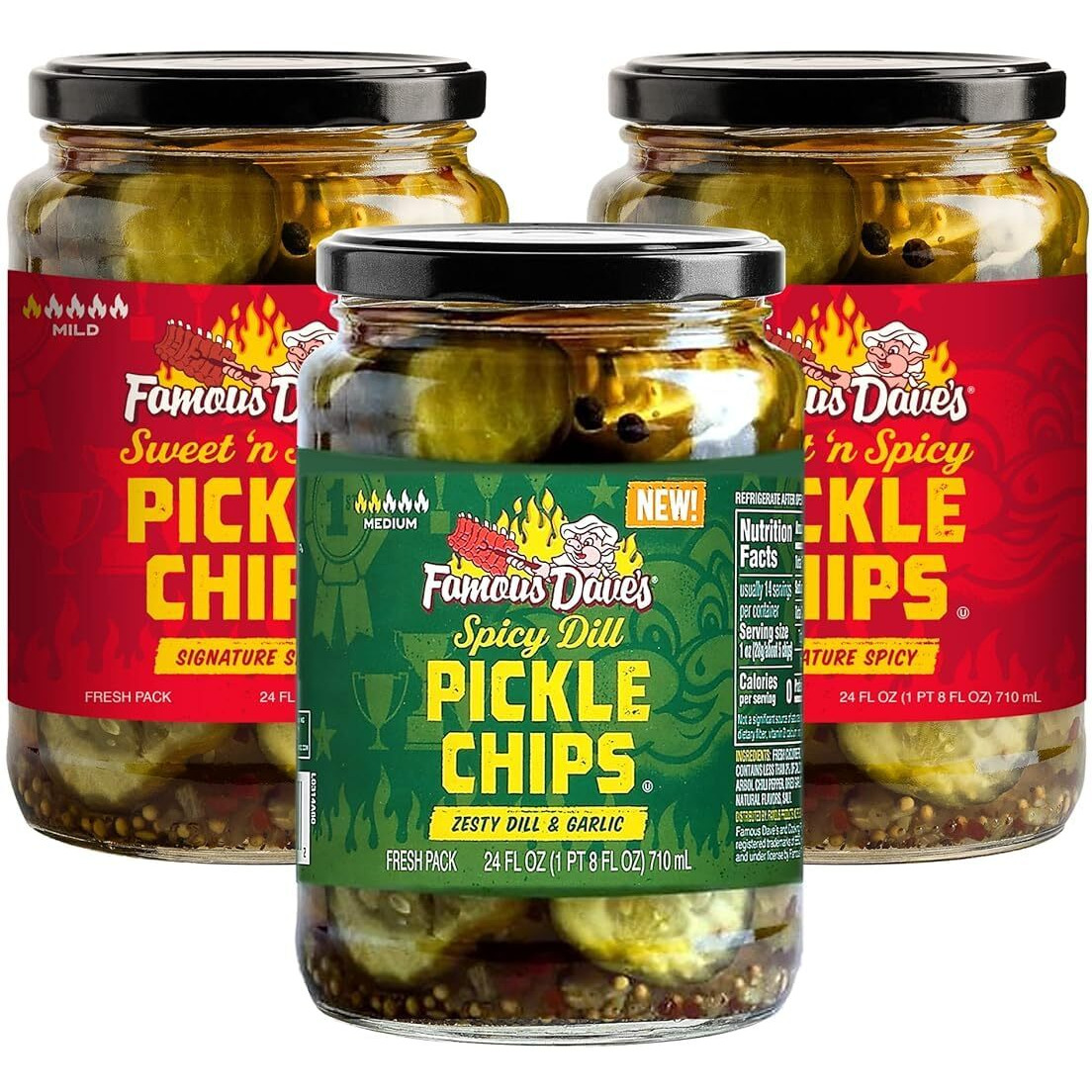 Famous Dave's Pickle Variety Bundle - 2 Pck Sweet N' Spicy Pickle Chips & 1 Pck Spicy Dill Pickle Chips (72 Oz.)