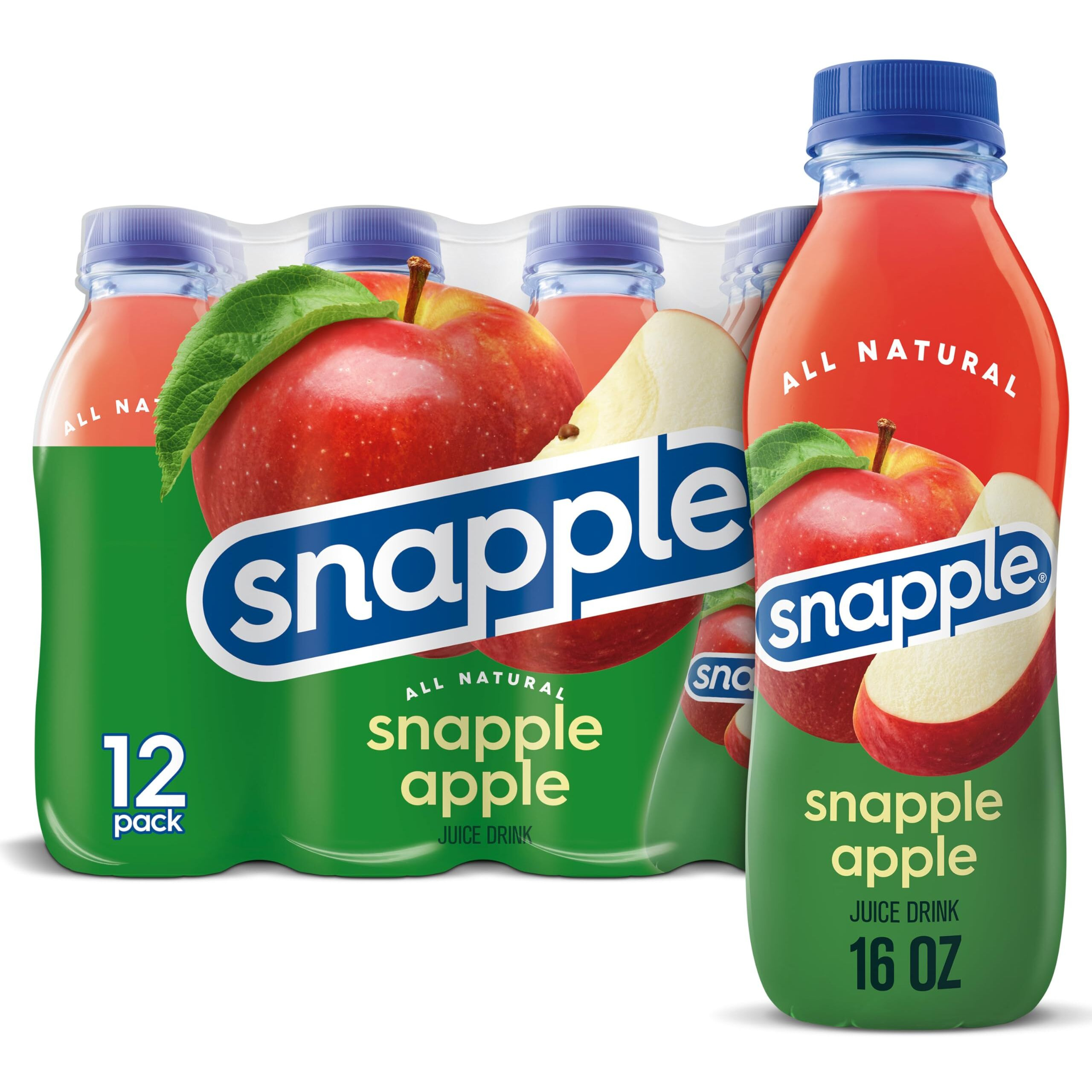 Snapple Apple Juice Drink, 16 Fl Oz Recycled Plastic Bottle, Pack Of 12