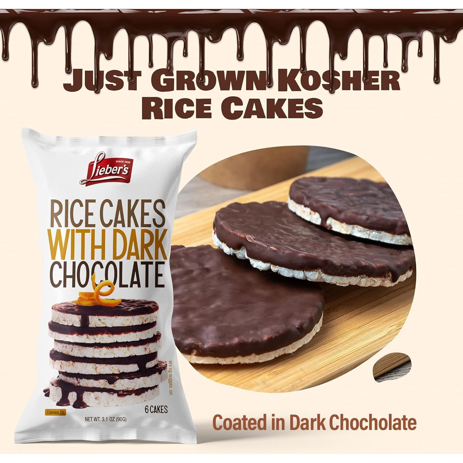 Liebers Dark Chocolate Rice Cakes, Kosher Certified Dairy Free, Gluten Free Snack (Dark Chocolate) Pack Of 3