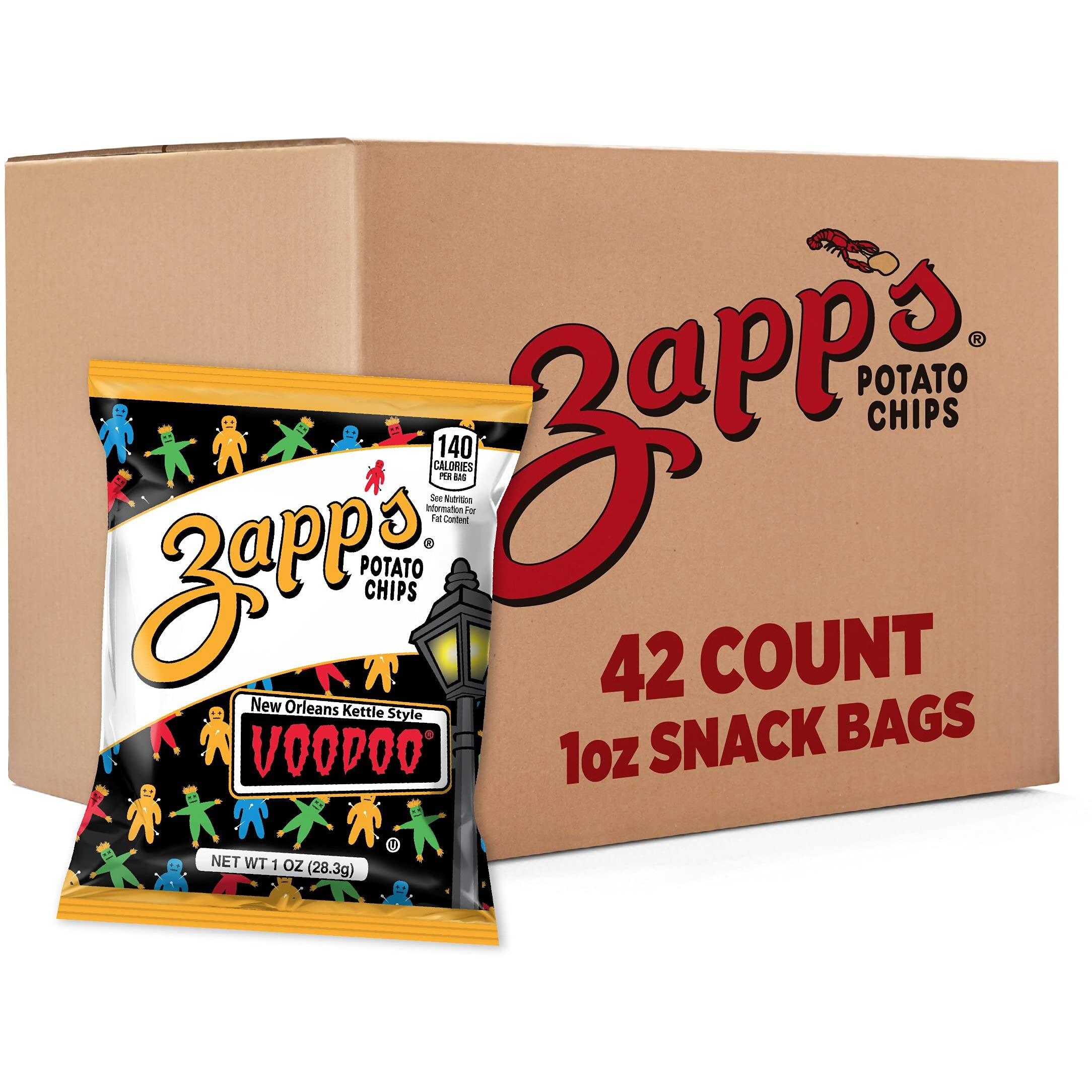 Zapp's New Orleans Voodoo Potato Chips, 42 Count - Crunchy, Gluten Free Snack With Salt, Vinegar, And Smoky Bbq Flavors