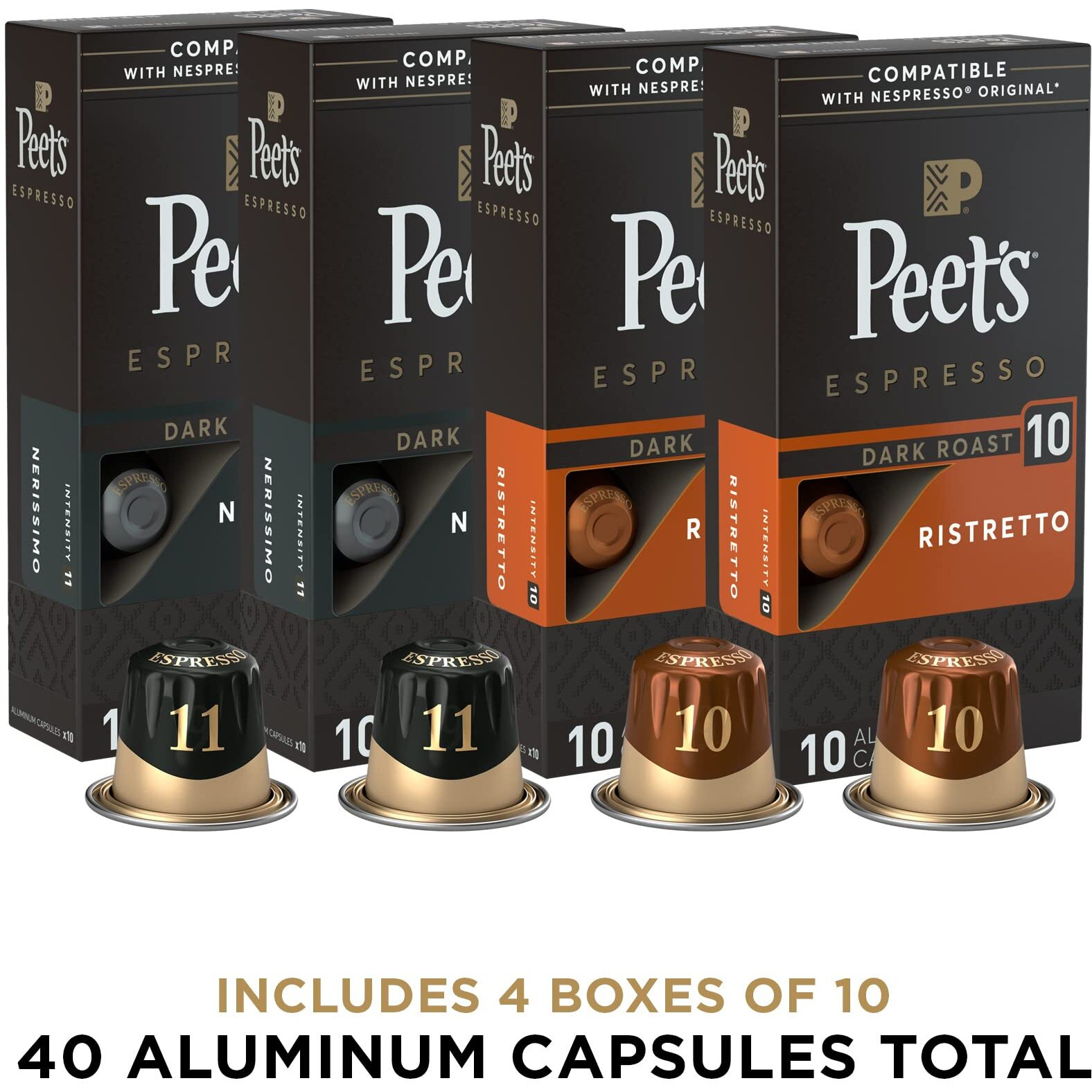 Peet's Coffee, Dark Roast Espresso Capsules Variety Pack, Intensity 10-11, 40 Count (4 Boxes Of 10 Espresso Pods)