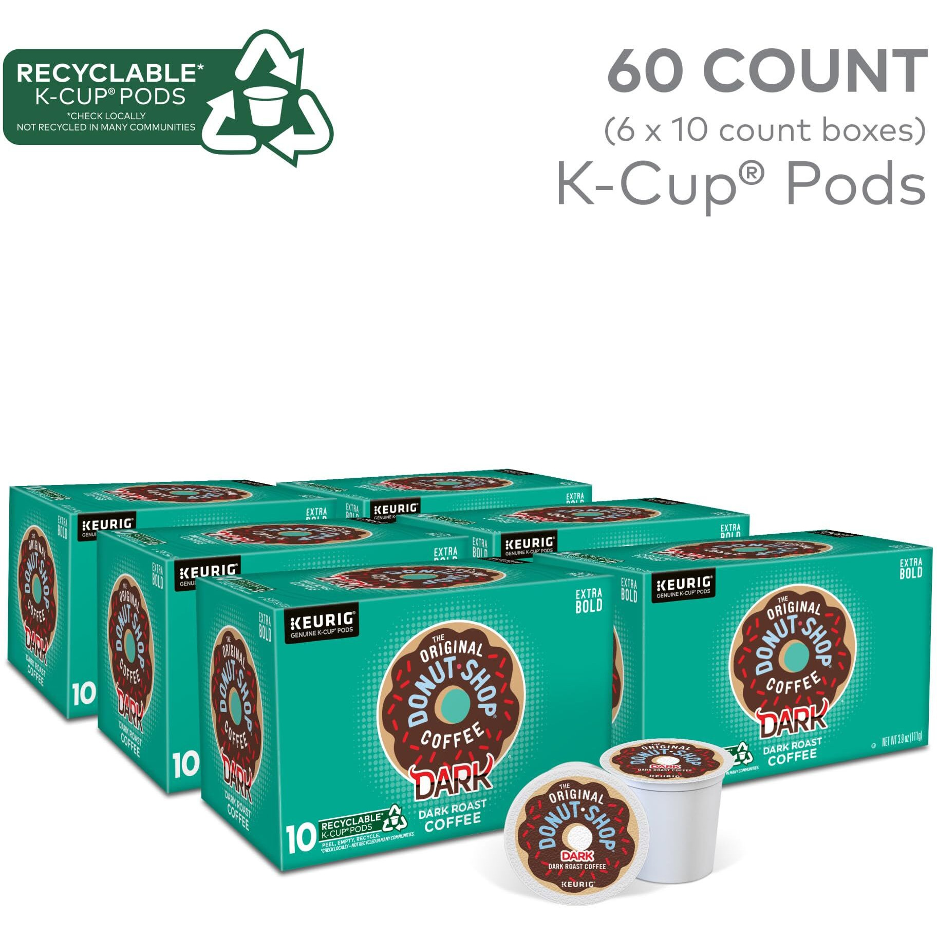 The Original Donut Shop Dark Keurig Single-Serve K-Cup Pods, Dark Roast Coffee, 60 Count, (6 Packs Of 10)