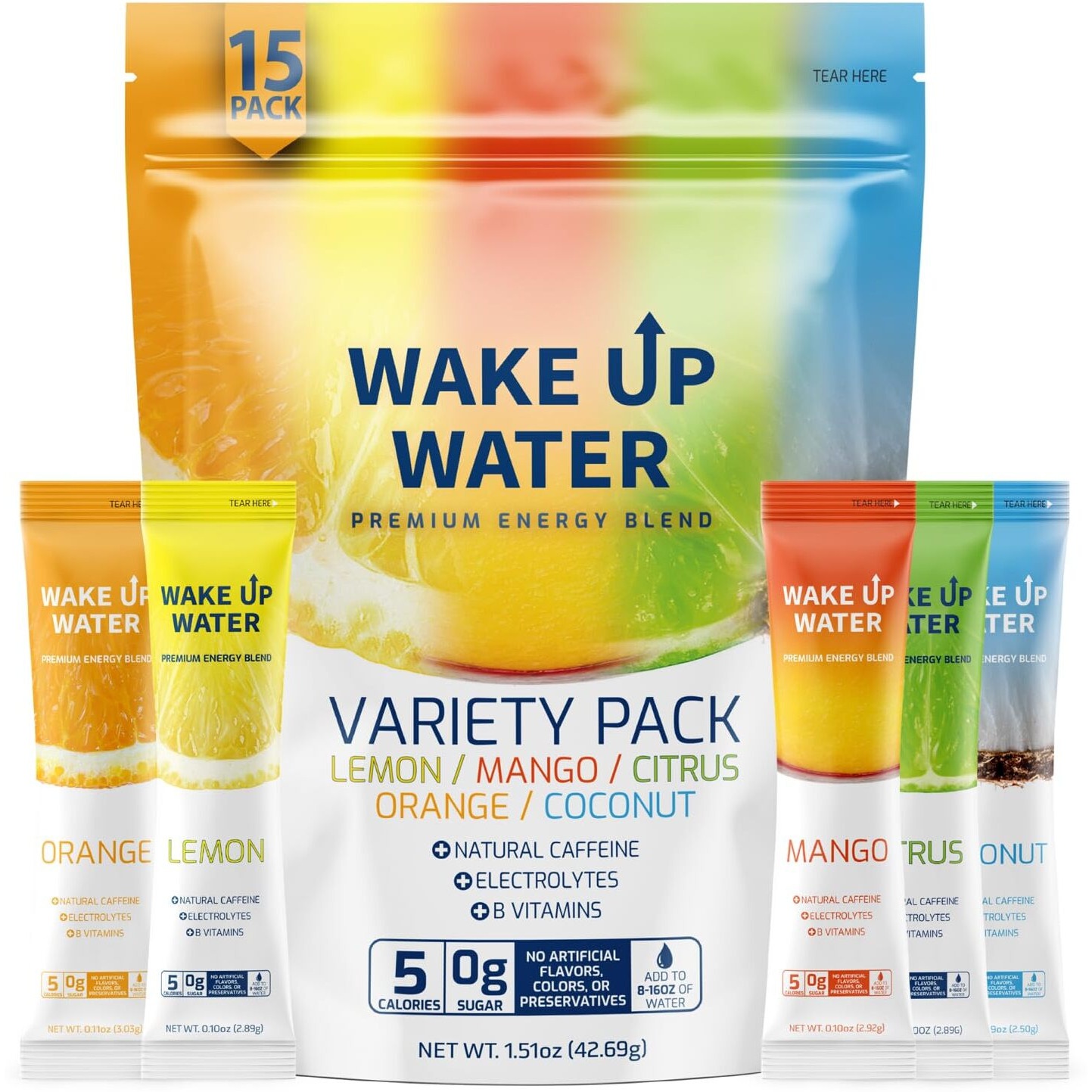 Wake Up Water - Energy + Hydration Packets (15 Pack), Variety Pack - Electrolytes Powder Drink Mix W/Natural Caffeine & Electrolytes - .10 Oz (2.9G)