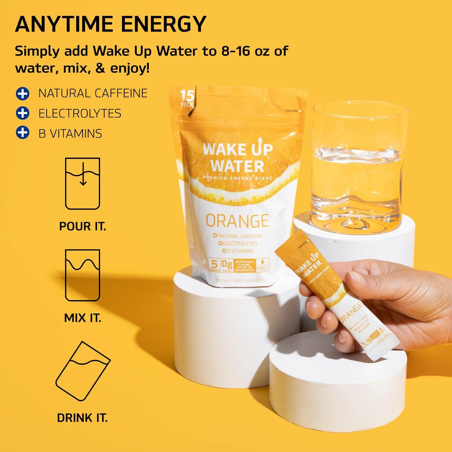 Wake Up Water - Energy + Hydration Packets (15 Pack), Variety Pack - Electrolytes Powder Drink Mix W/Natural Caffeine & Electrolytes - .10 Oz (2.9G)