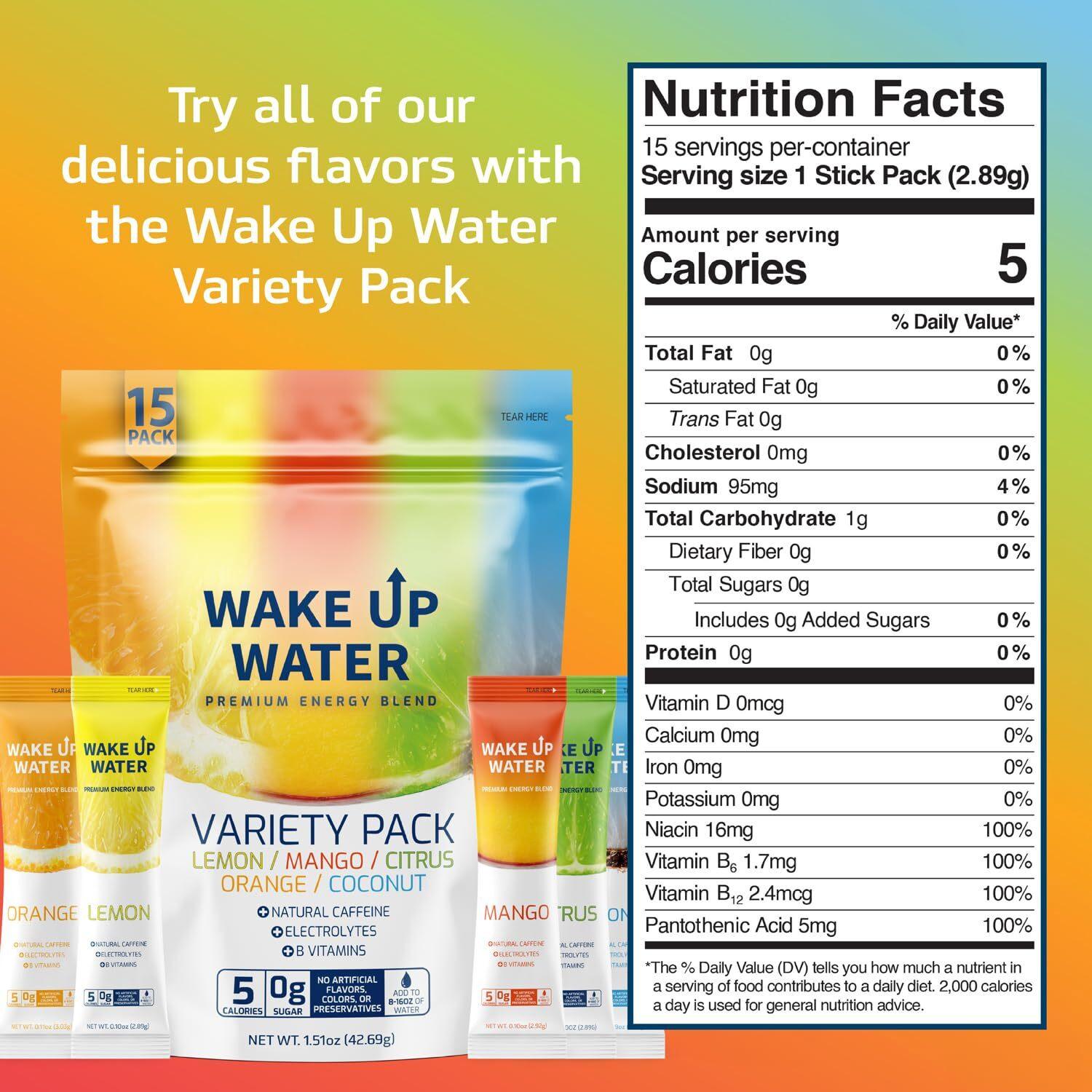 Wake Up Water - Energy + Hydration Packets (15 Pack), Variety Pack - Electrolytes Powder Drink Mix W/Natural Caffeine & Electrolytes - .10 Oz (2.9G)