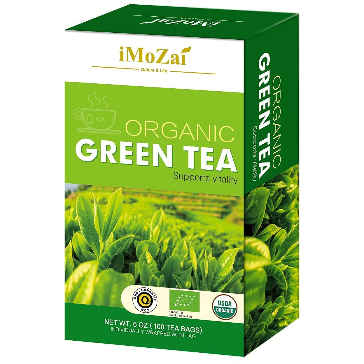 Imozai Organic Green Tea Bags 100 Count Individually Wrapped