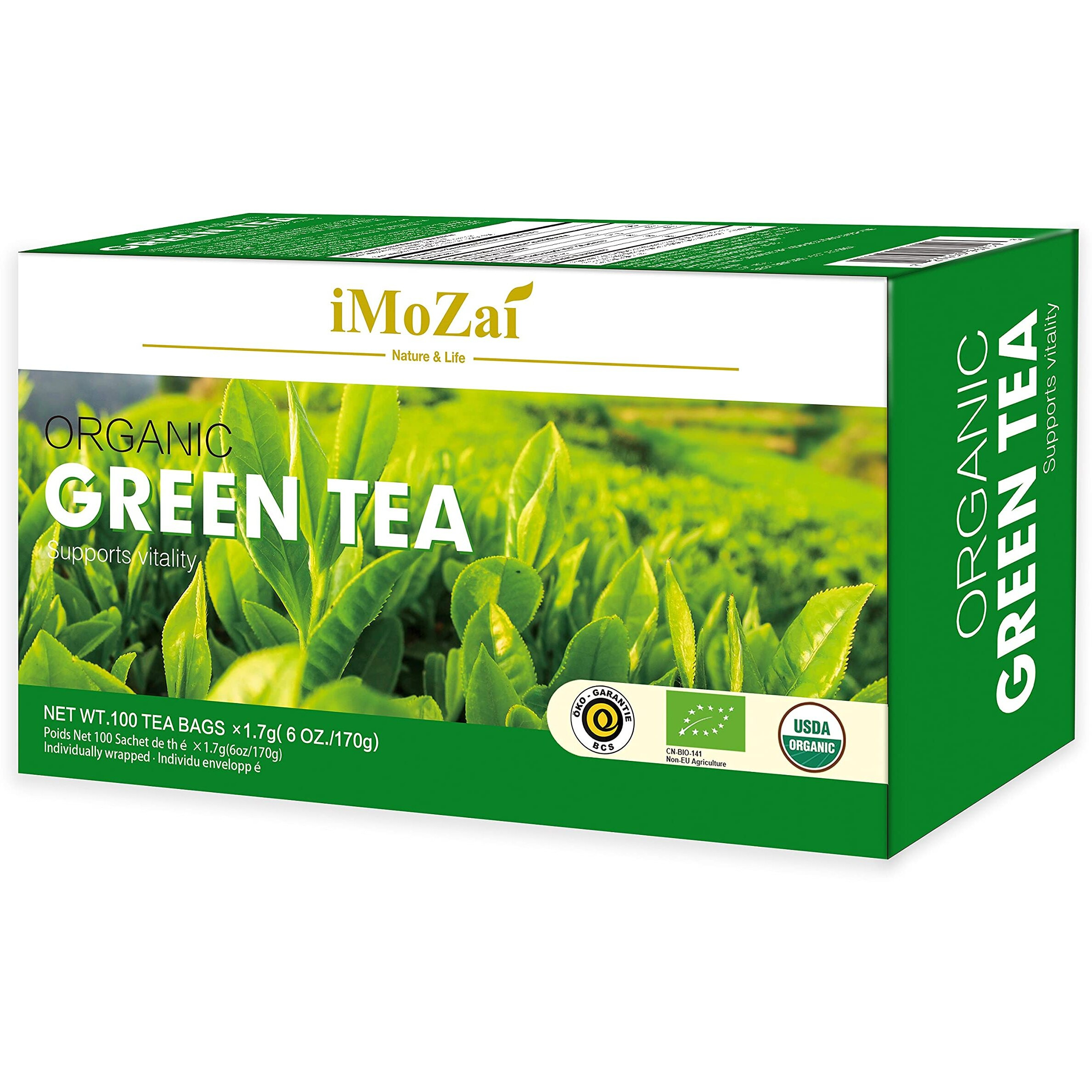 Imozai Organic Green Tea Bags 100 Count Individually Wrapped