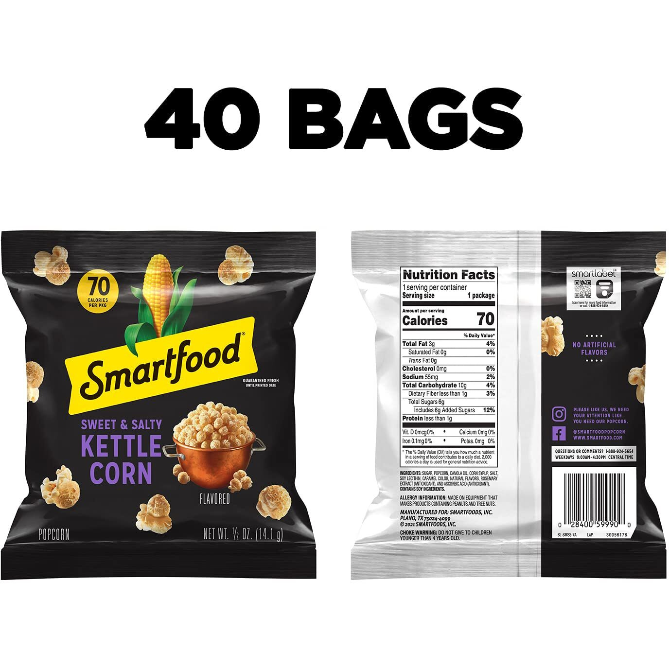 Smartfood Popcorn, Sweet & Salty Kettle Corn, 0.5 Ounce (Pack Of 40)