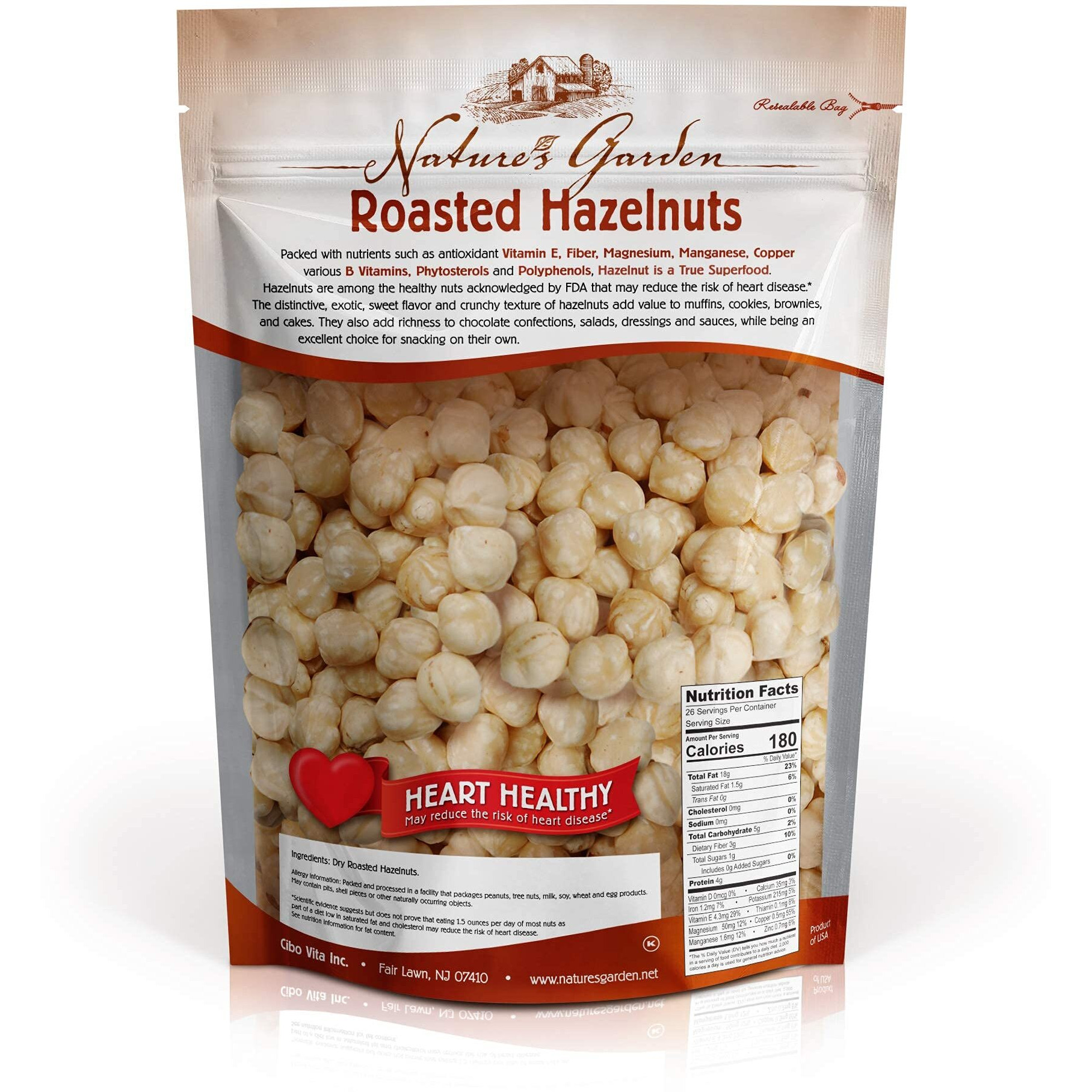 Natures Garden Roasted Hazelnuts - 26Oz, Whole Roasted Hazelnuts, Raw Bulk Hazelnuts, High Fiber, Kosher Certified, Cholesterol Free, Hazelnuts For Baking, Healthy Snack - Bulk 26 Oz Bag (Pack Of 1)