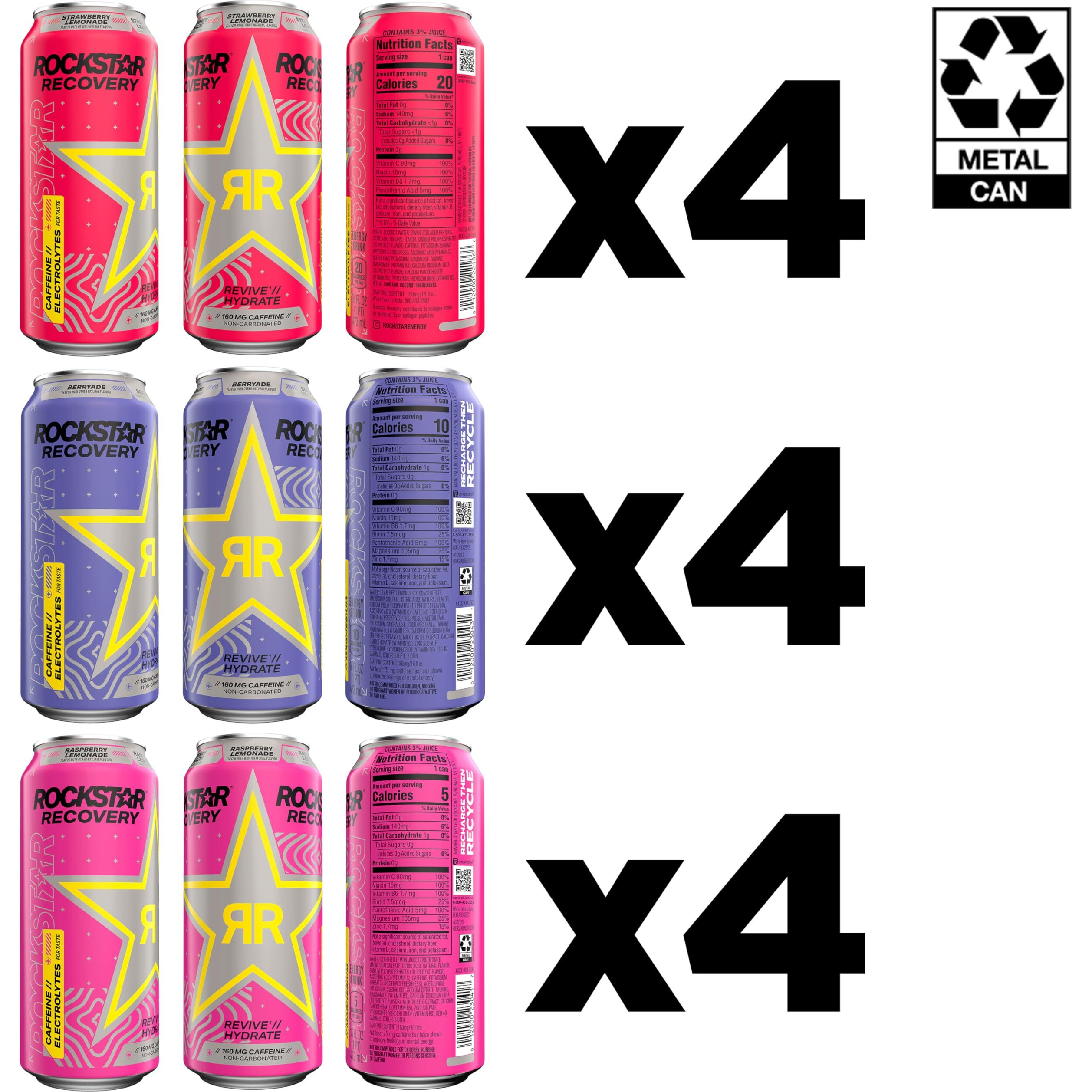 Rockstar Recovery Non-Carbonated Energy Drink, 3 Flavor Variety Pack (Raspberry Lemonade, Berryade, Strawberry Lemonade), 16 Fl Oz Cans (12 Pack), 160Mg Caffeine, B Vitamins, Electrolytes