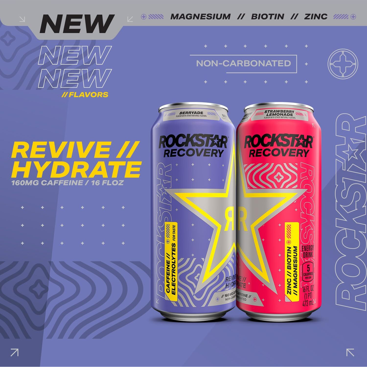 Rockstar Recovery Non-Carbonated Energy Drink, 3 Flavor Variety Pack (Raspberry Lemonade, Berryade, Strawberry Lemonade), 16 Fl Oz Cans (12 Pack), 160Mg Caffeine, B Vitamins, Electrolytes