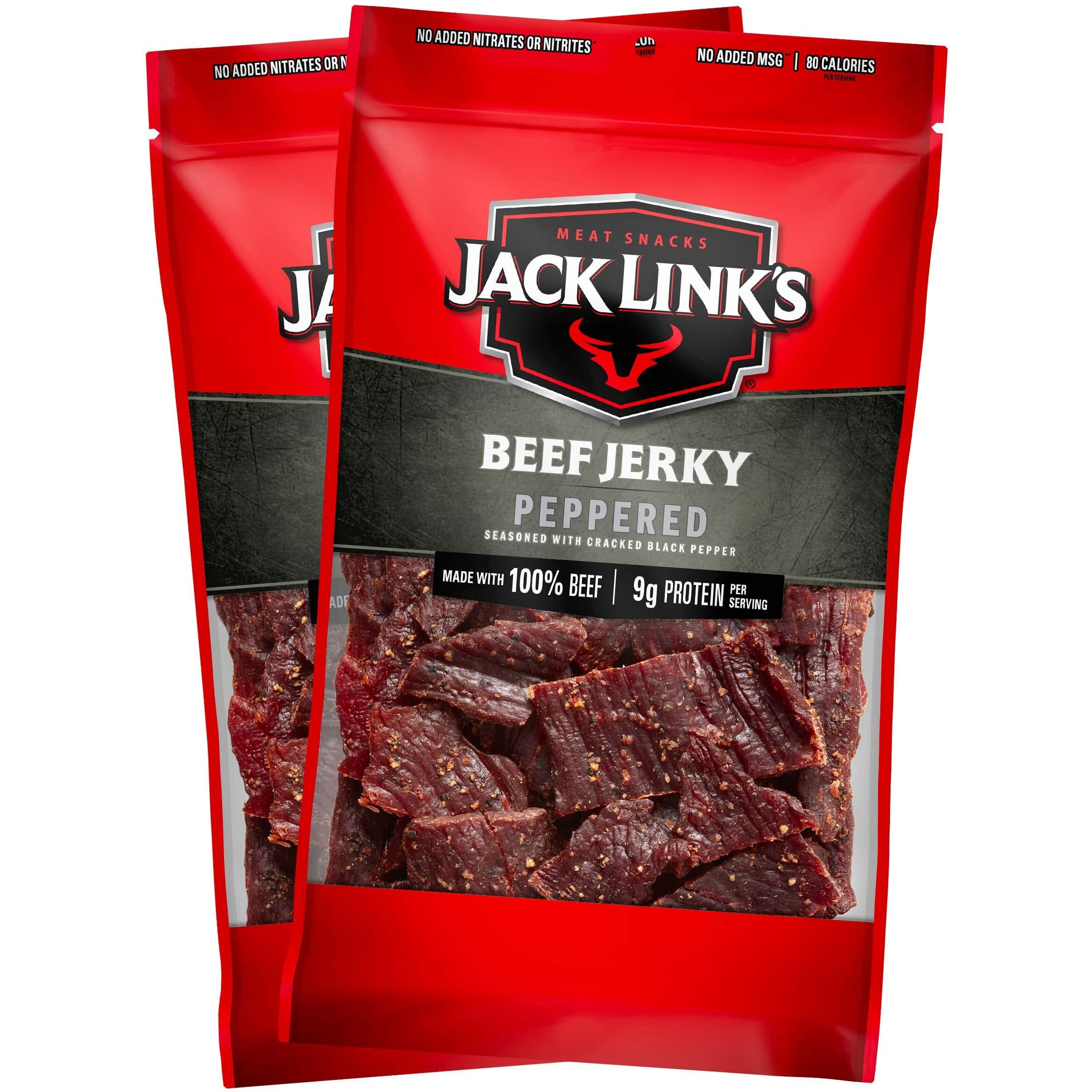 Jack Link's Beef Jerky, Peppered - Flavorful Everyday Snack With A Pepper Kick, 9G Of Protein And 80 Calories, Made With 100% Beef - 96% Fat Free, No Added Msg** - 9 Oz. (Pack Of 2)