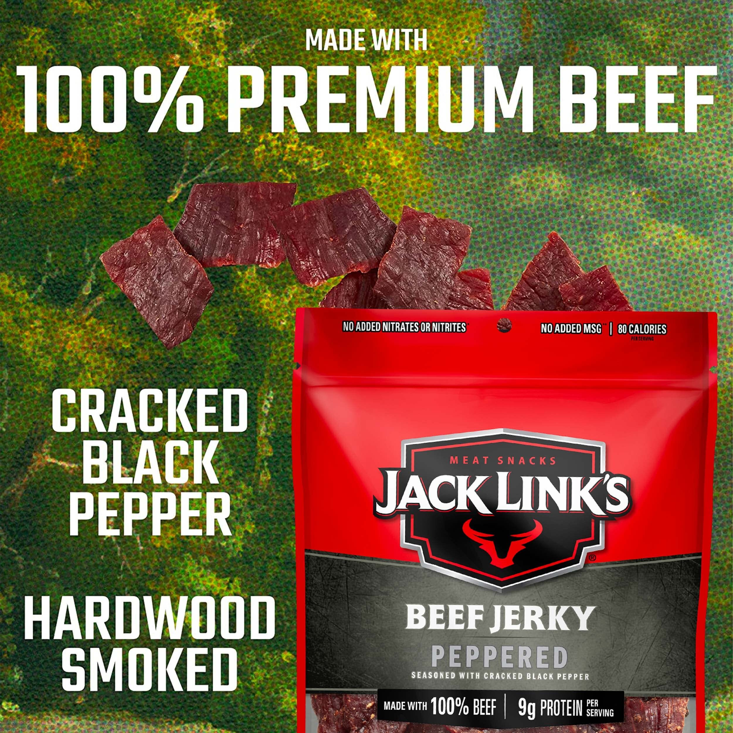 Jack Link's Beef Jerky, Peppered - Flavorful Everyday Snack With A Pepper Kick, 9G Of Protein And 80 Calories, Made With 100% Beef - 96% Fat Free, No Added Msg** - 9 Oz. (Pack Of 2)