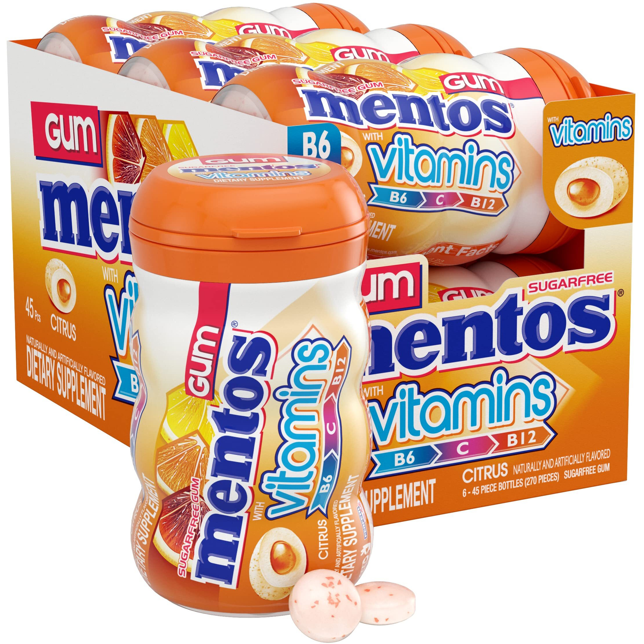 Mentos Vitamins Gum, Sugar Free Gum With Vitamins And Xylitol Sweetener, Citrus, 45 Count Bottle, 6 Bottles