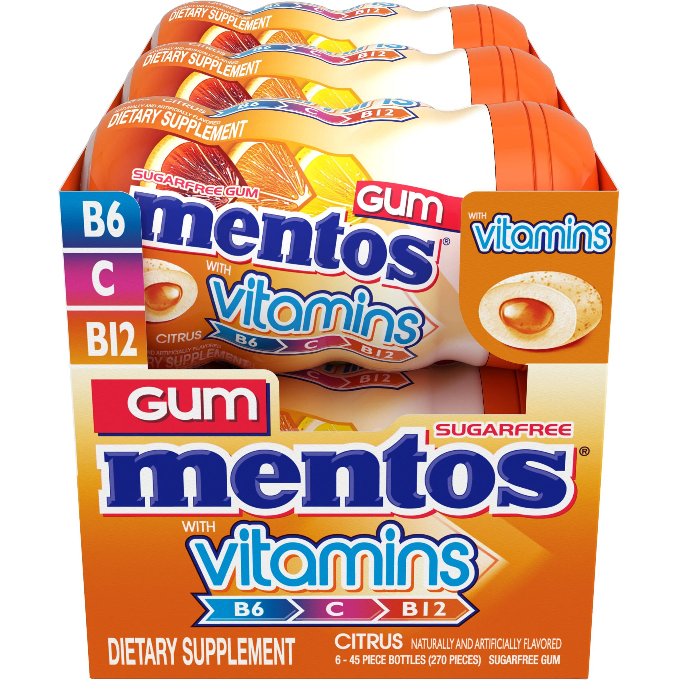 Mentos Vitamins Gum, Sugar Free Gum With Vitamins And Xylitol Sweetener, Citrus, 45 Count Bottle, 6 Bottles