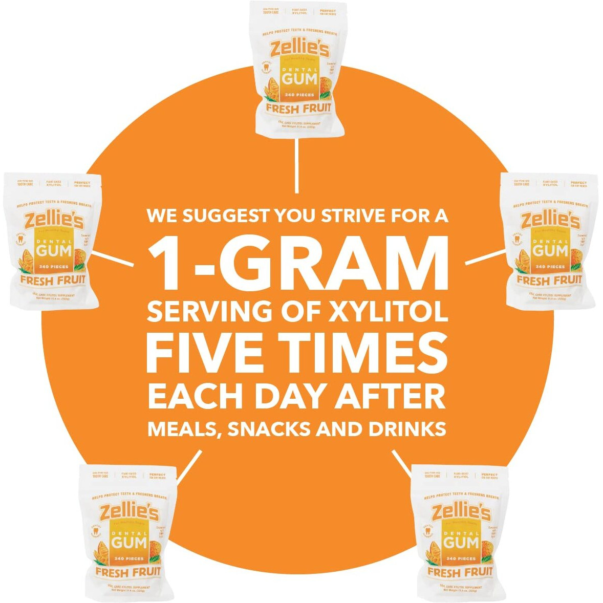 Zellie's | 100% Xylitol Sugar Free Chewing Gum (Fresh Fruit, 240 Count (Pack Of 1))