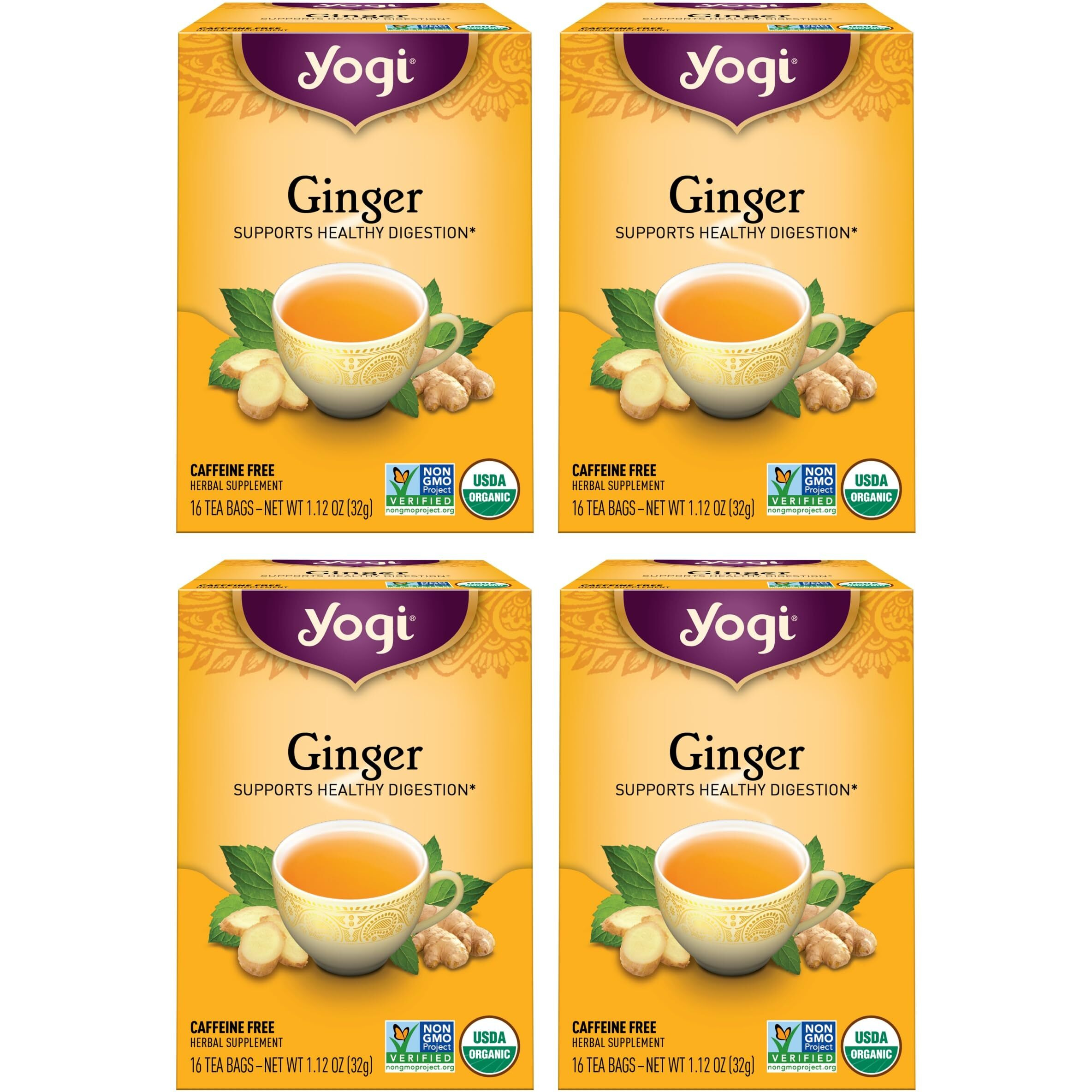 Yogi Tea Ginger Tea - 16 Tea Bags Per Pack (4 Packs) - Organic Ginger Tea Bags - Digestive Support Tea - Includes Ginger Root, Lemongrass, Licorice Root, Peppermint Leaf & Black Pepper