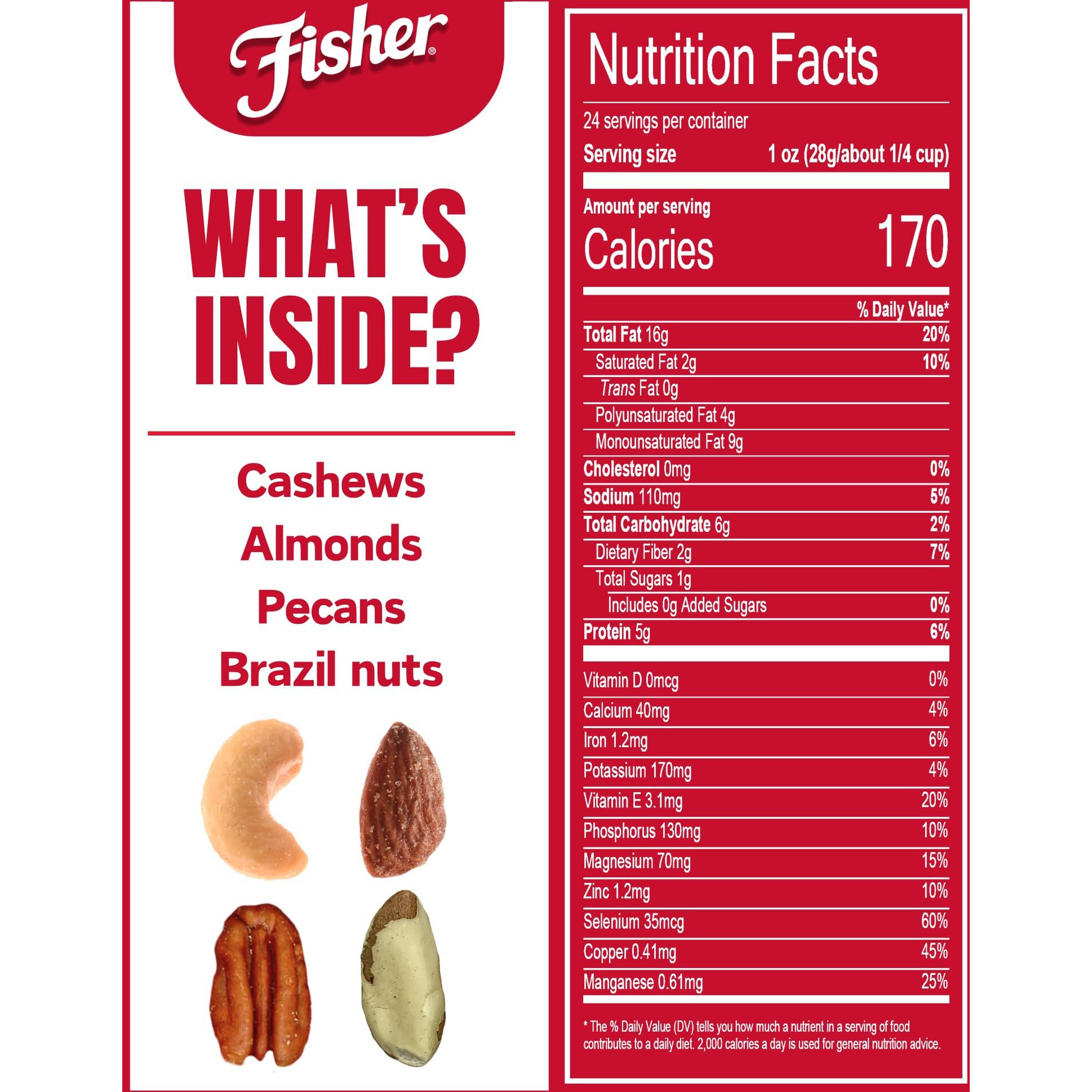Fisher Snack Deluxe Mixed Nuts, 24 Ounces, Cashews, Almonds, Pecans, Brazil Nuts, 100% Recyclable