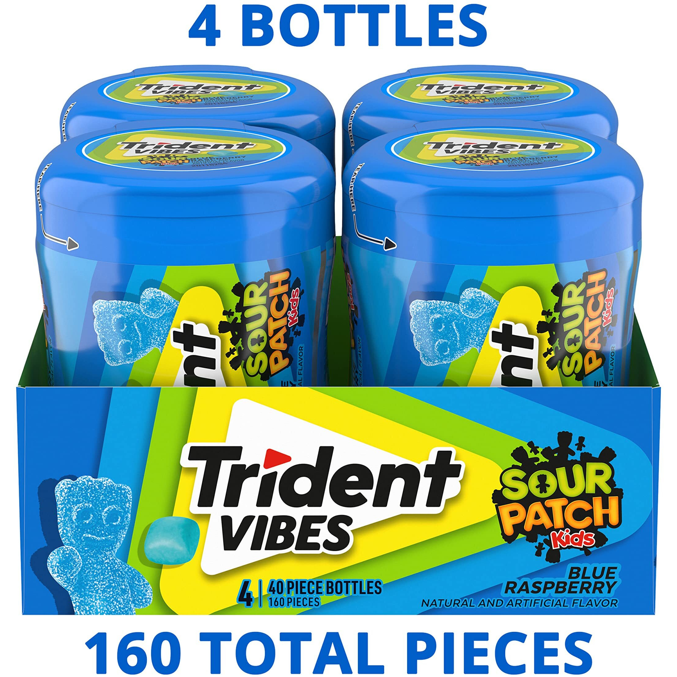 Trident Vibes Sour Patch Kids Blue Raspberry Sugar Free Gum, 4-40 Piece Bottles (160 Total Pieces)